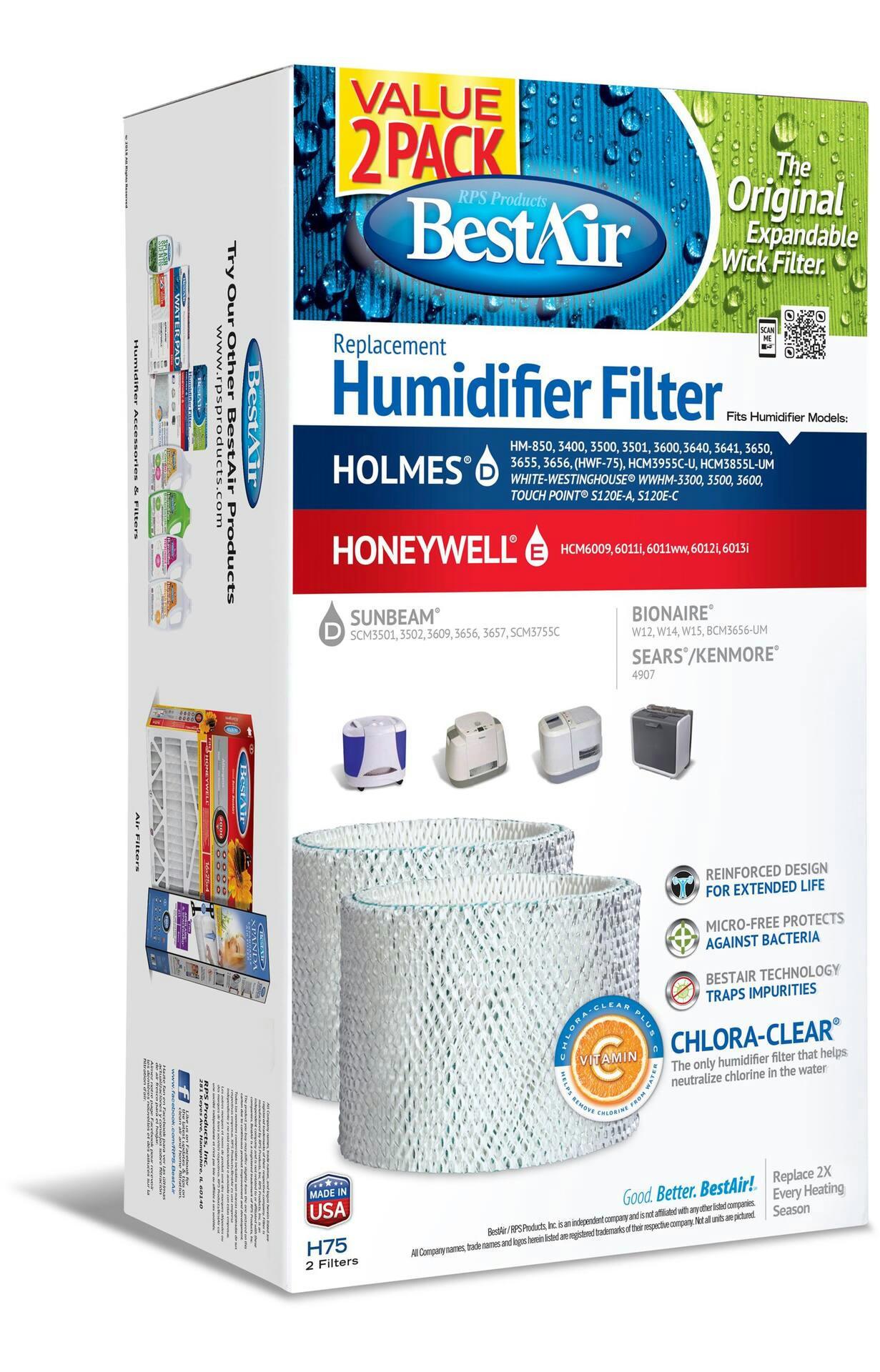 BestAir H75-2PK Humidifier Replacement Wick Filter Value Pack For Holmes/Honeywell Humidifiers, White, 2-pk