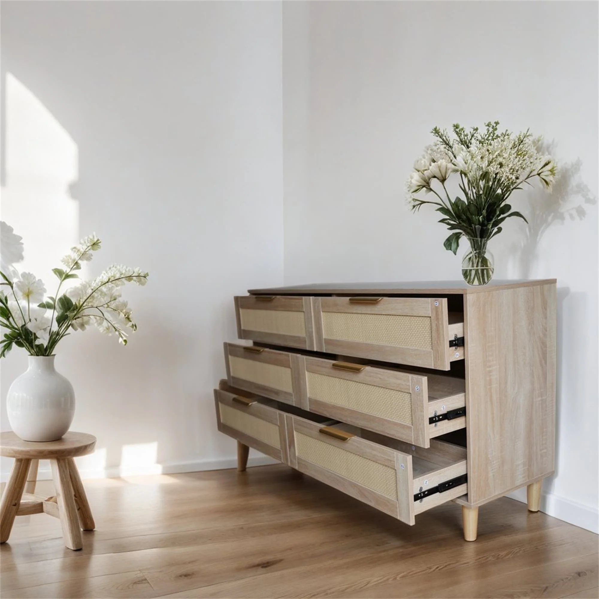 Modern 6-Drawer Rattan Wood Dresser