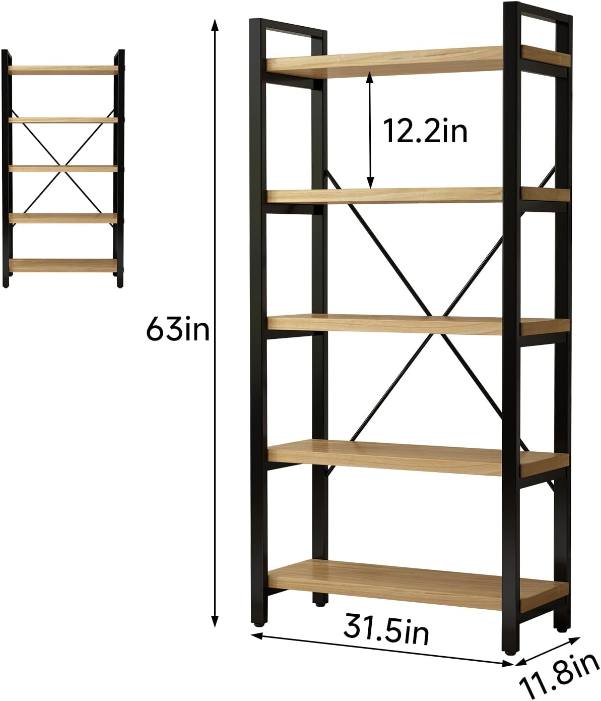 Real Solid Wood Bookshelf Shelves Rustic Vintage Industrial Etagere Bookshelf, Metal & Timber Free Vintage Bookcase, (Genuine Timber) (5-Tiers-Natural Finish)