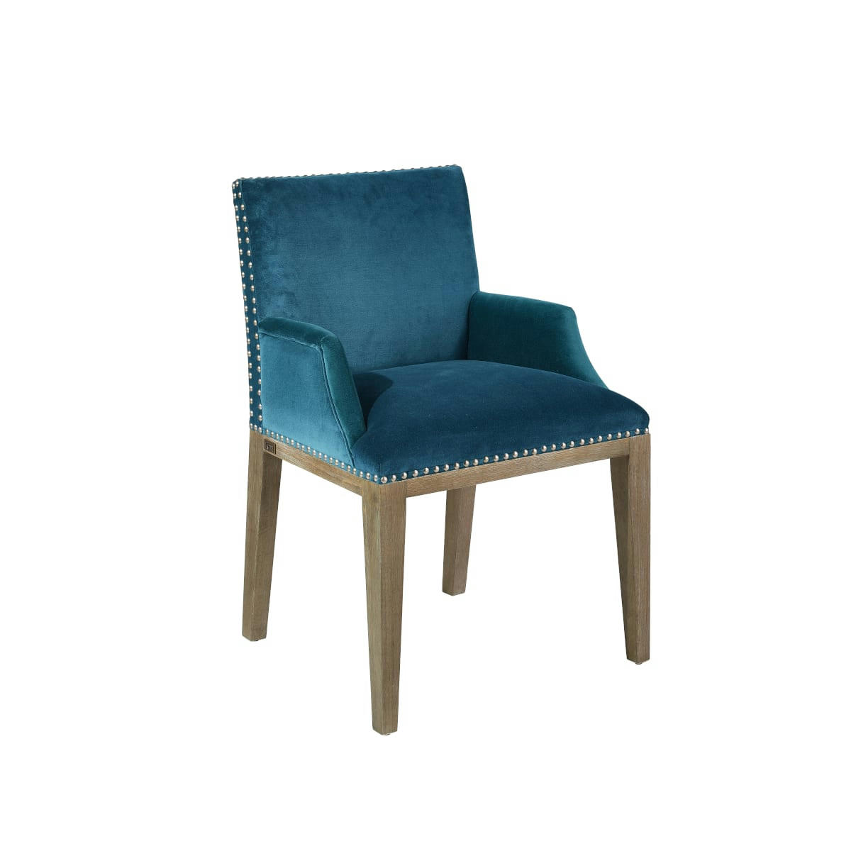 FORGE - KENZA - Fauteuil de table en velours et en bois clouté bleu canard
