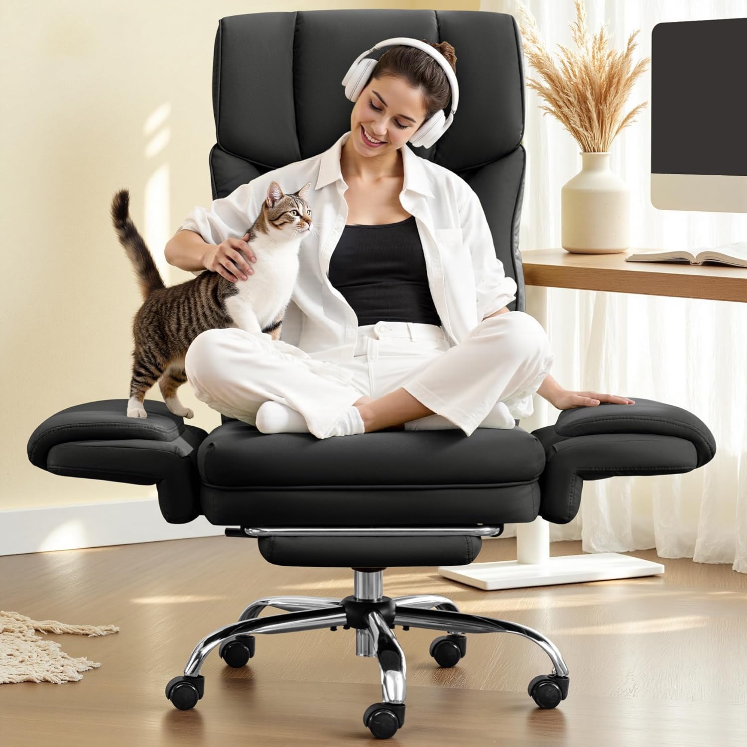 FelixKing Big and Tall Office Chair, 400LBS Wide Leather Executive Chair, Reversible Armrest for Pets Criss Cross Legged, 135° Reclining High Back Gaming Desk Chair with Lumbar Support Footrest, Black