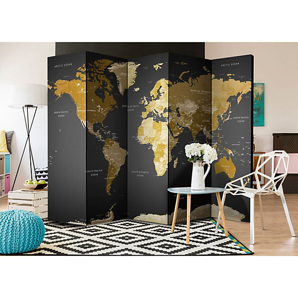 Paravent Décoratif Carte du Monde élégant en 5 Volets 225 x 172 cm Bronze et Noir