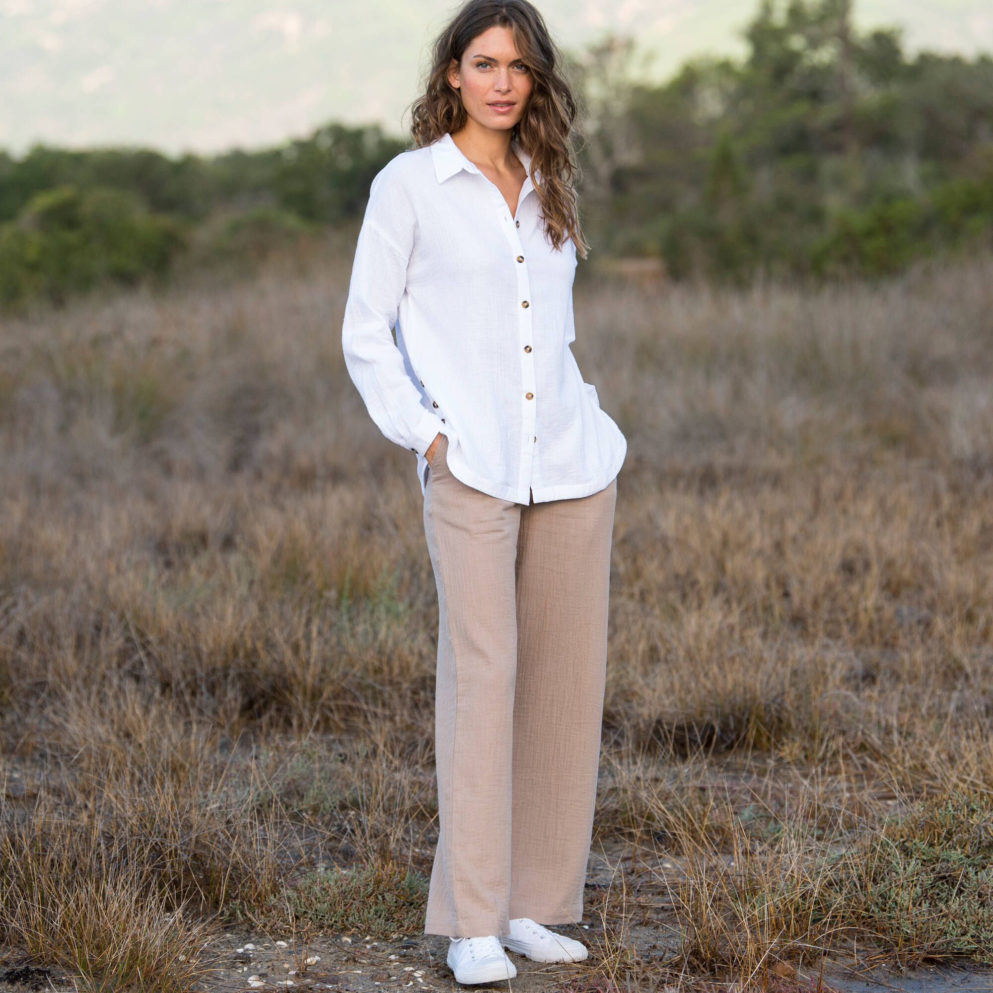 Chemise boutonnée unie, gaze de coton