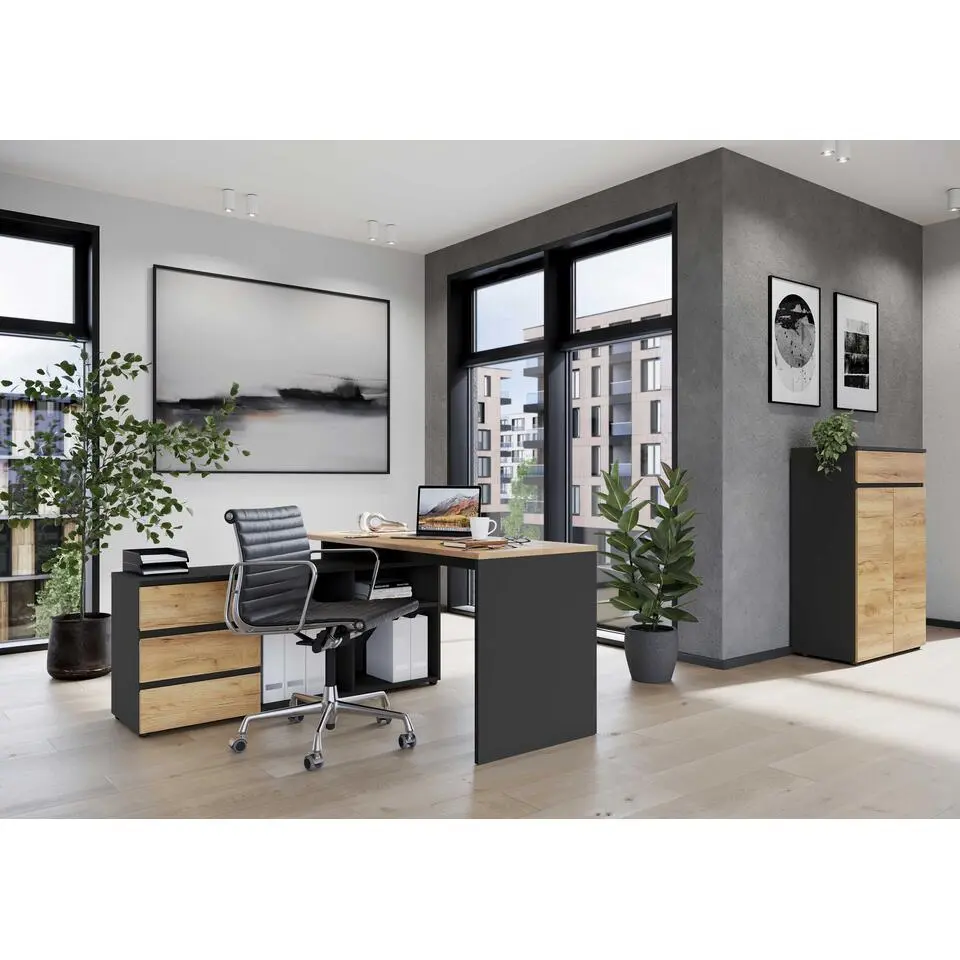 Hoekbureau Miguel met opbergruimte - antraciet/eik