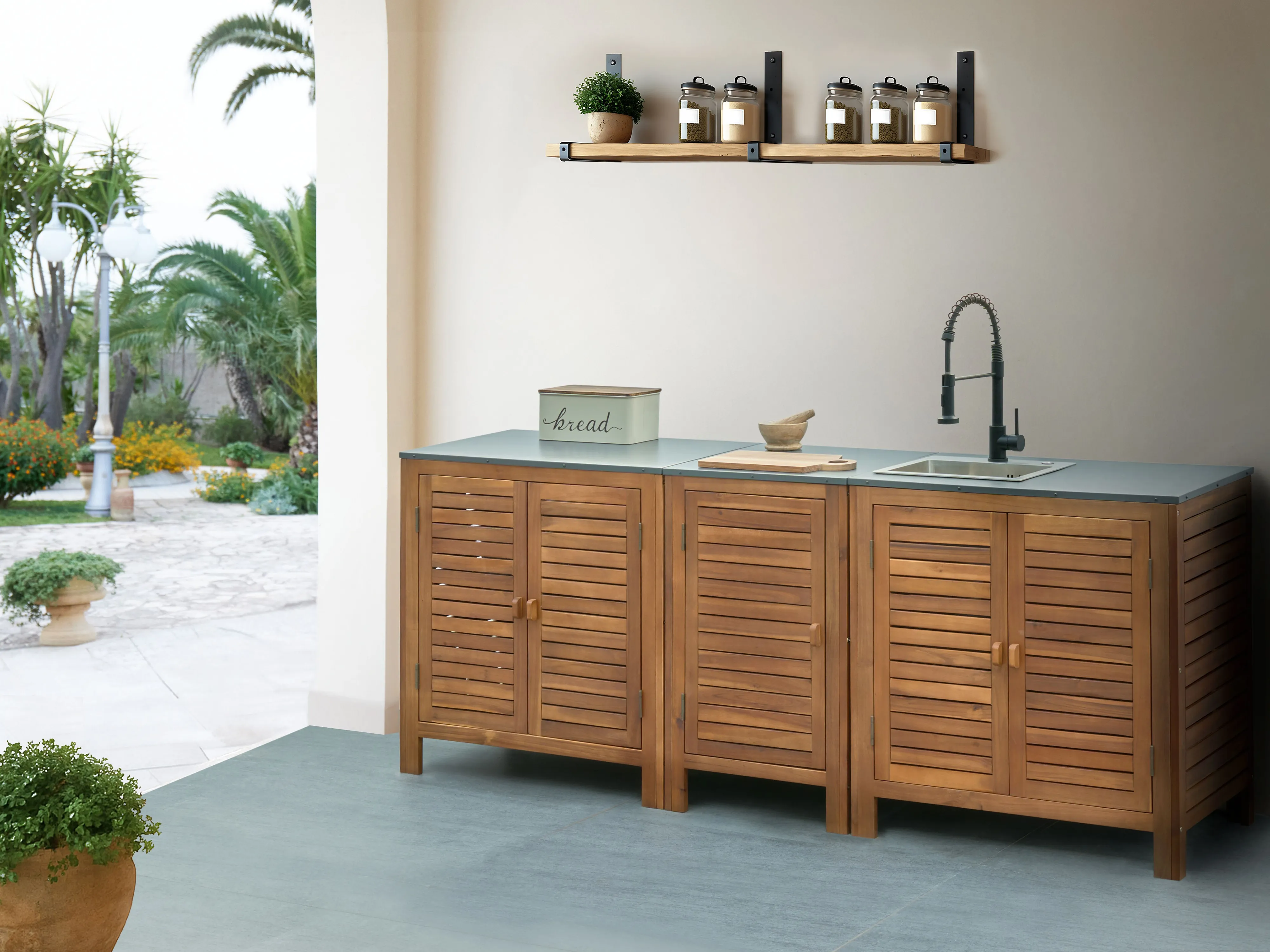 3 Piece Outdoor Kitchen Set with Sink BRUCOLI Acacia Wood Brown/ Black