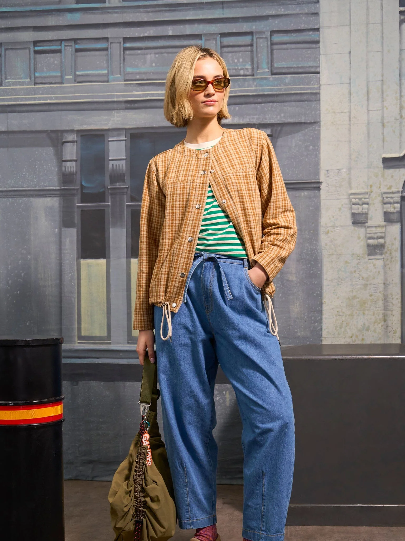 Provence Cotton Collarless Jacket in Mustard Check