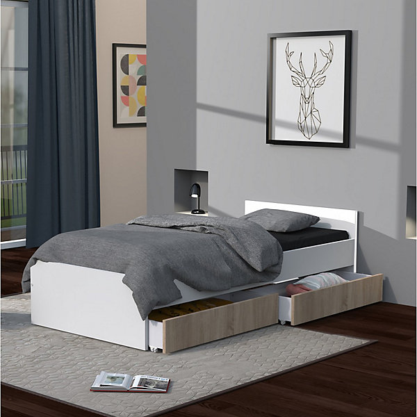 Lit KAPPA 90x190   2 tiroirs / Décor Chêne Blanchi et Blanc
