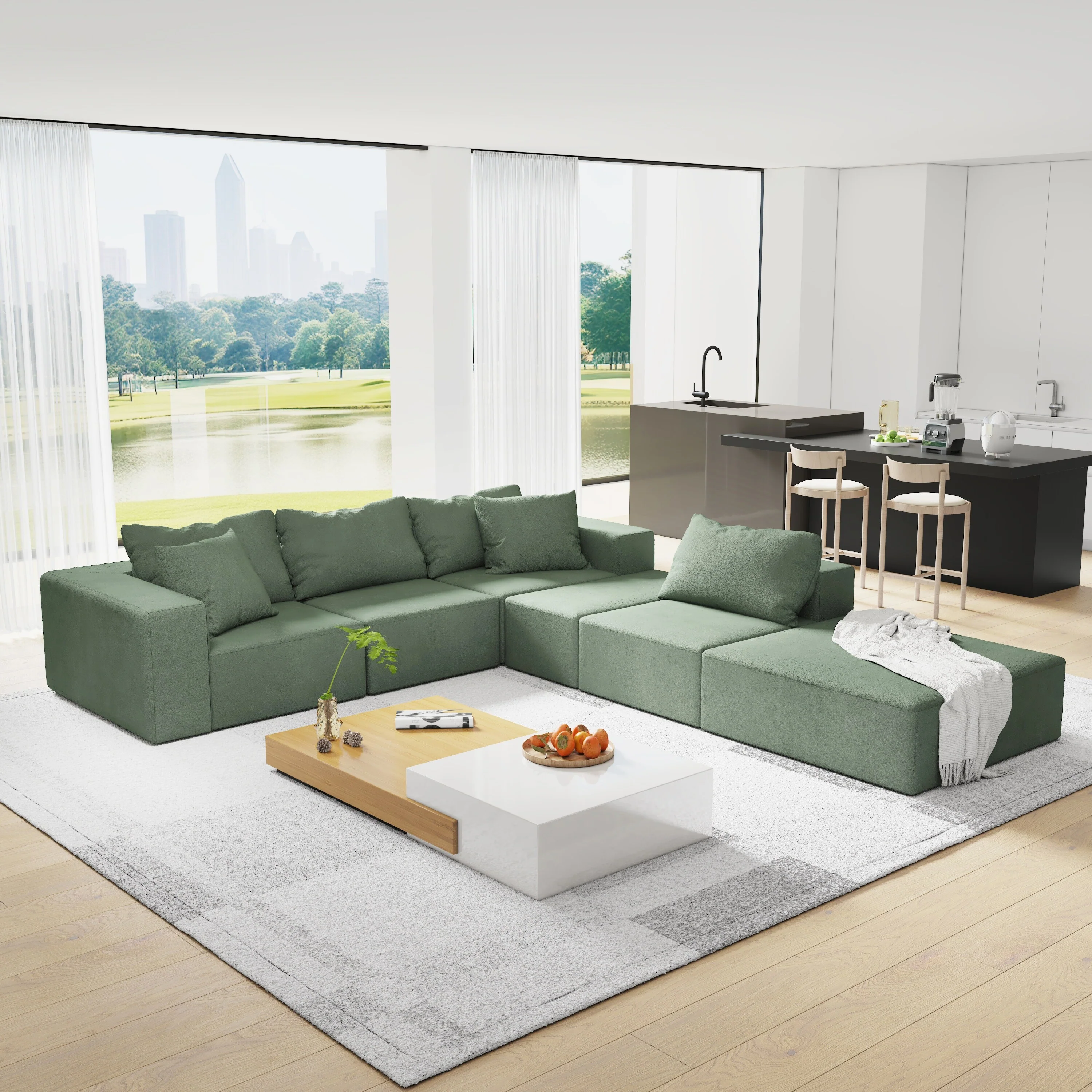 132 Modular L-Shaped 6-Seat Sectional Sofa Set with 6 Cushions and Ottoman, Customizable for Living Room Layouts