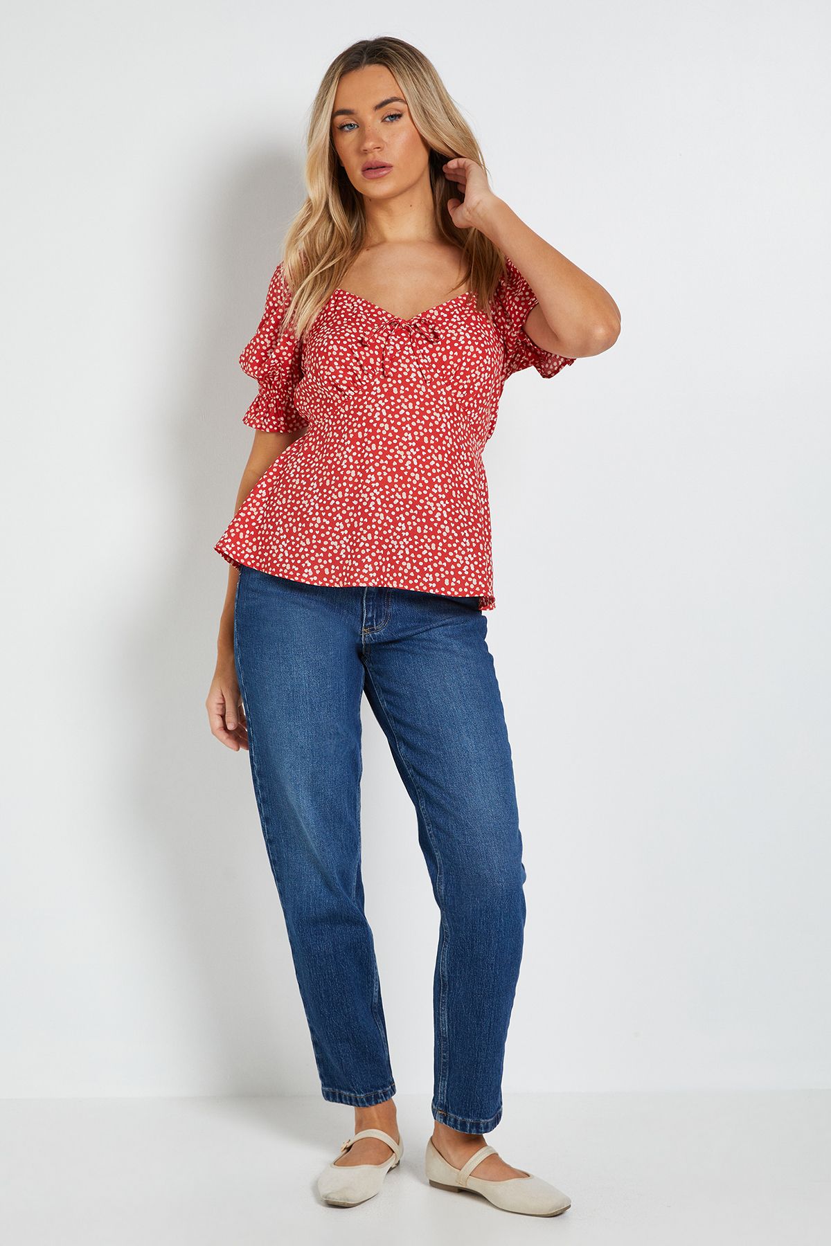 Dorothy Perkins Red Heart Puff Sleeve Tie Front Top