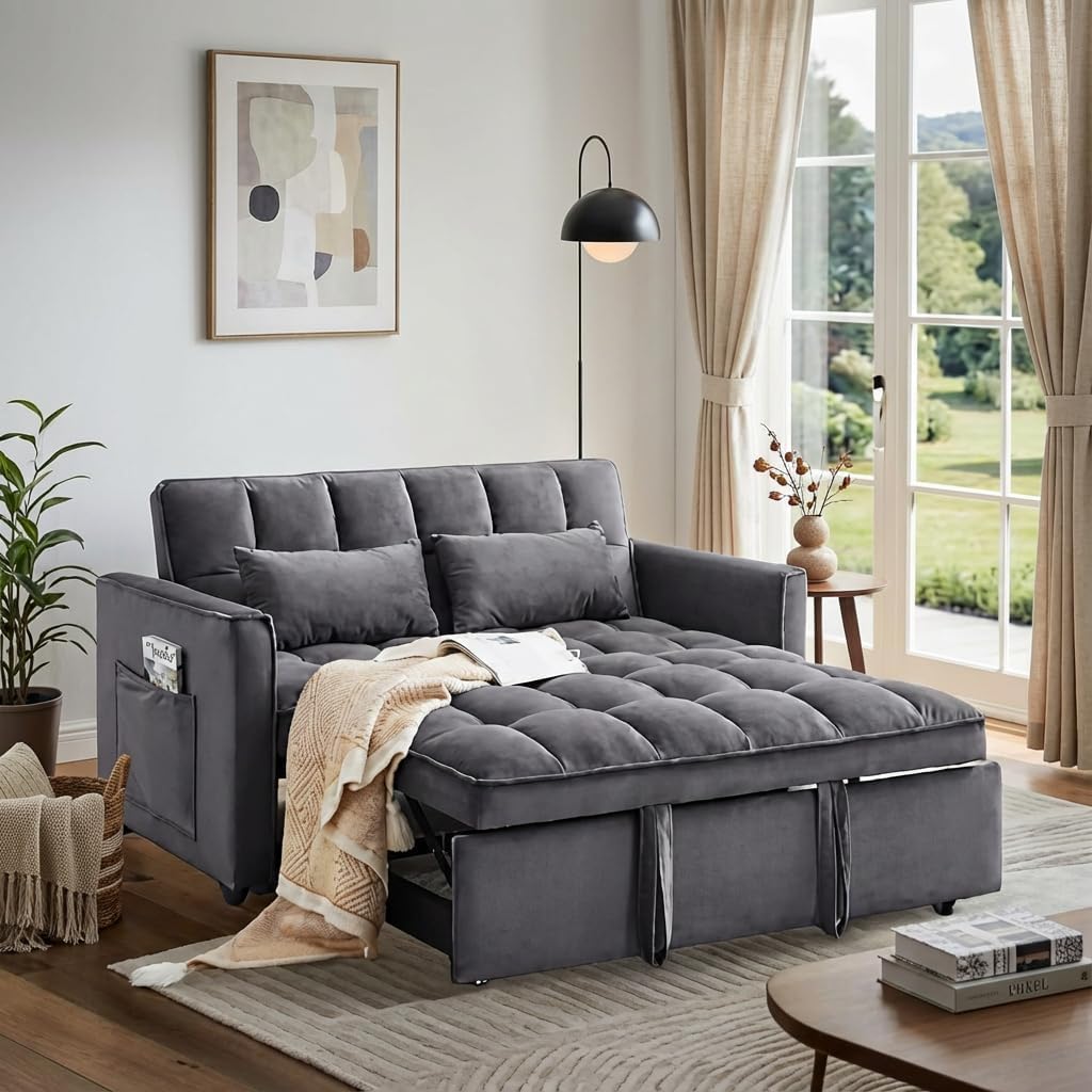 Convertible Sofa Bed, Pull Out Couch with Side Pockets, 3 in 1 Velvet Fabric Loveseat Sleeper Sofa Bed, Pull Out Couch with Adjustable Backrest for Living Room, Bedroom, Apartment, Deep Gray