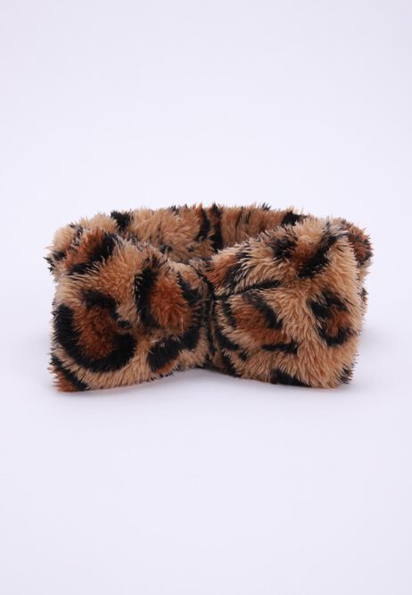 Womens Brown Animal Print Fluffy Bow Headband