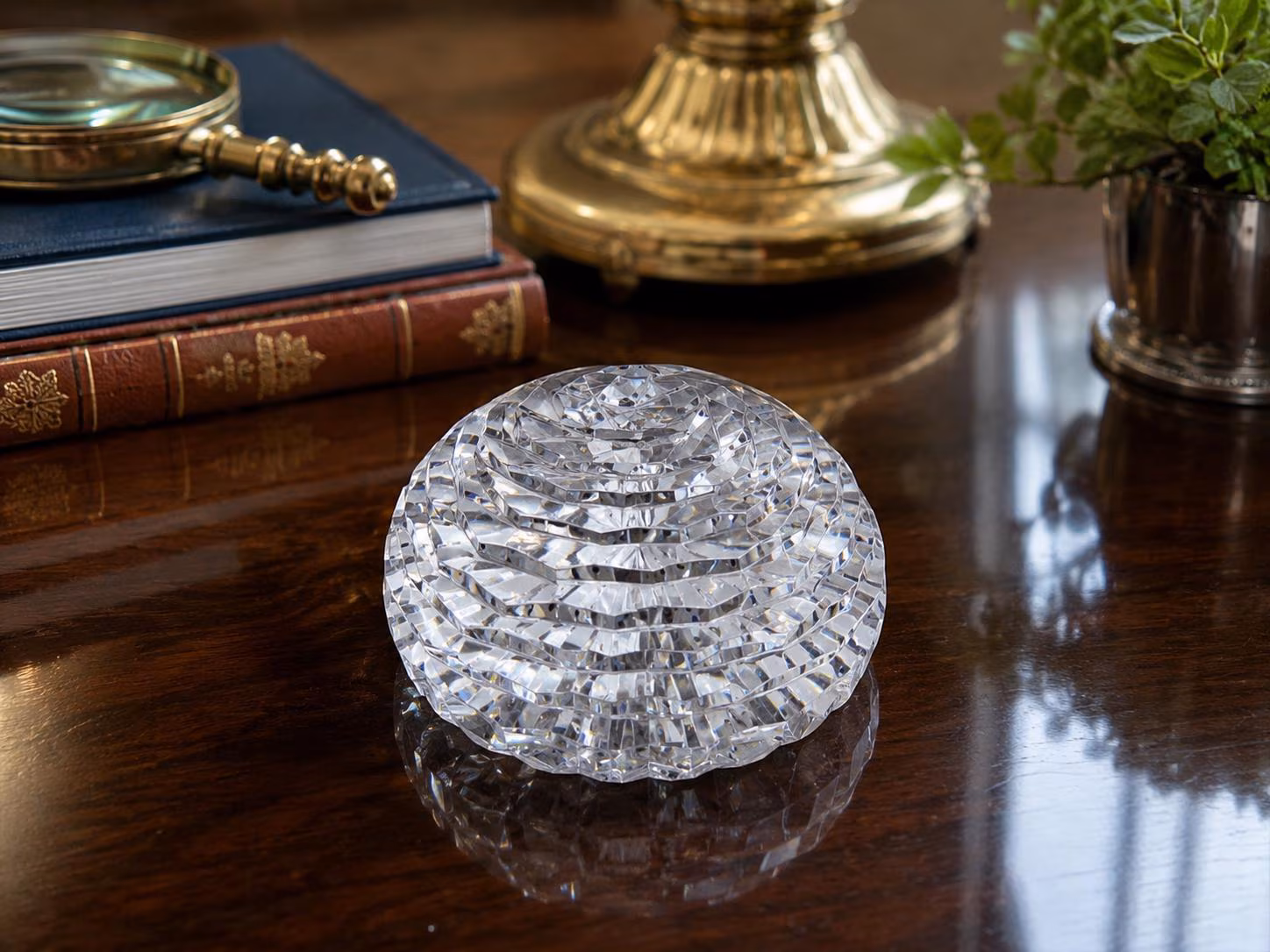 Vintage Crystal Paperweight, Brilliant Faceted Glass Desk Decor, Geometric Cut Crystal Office Accent