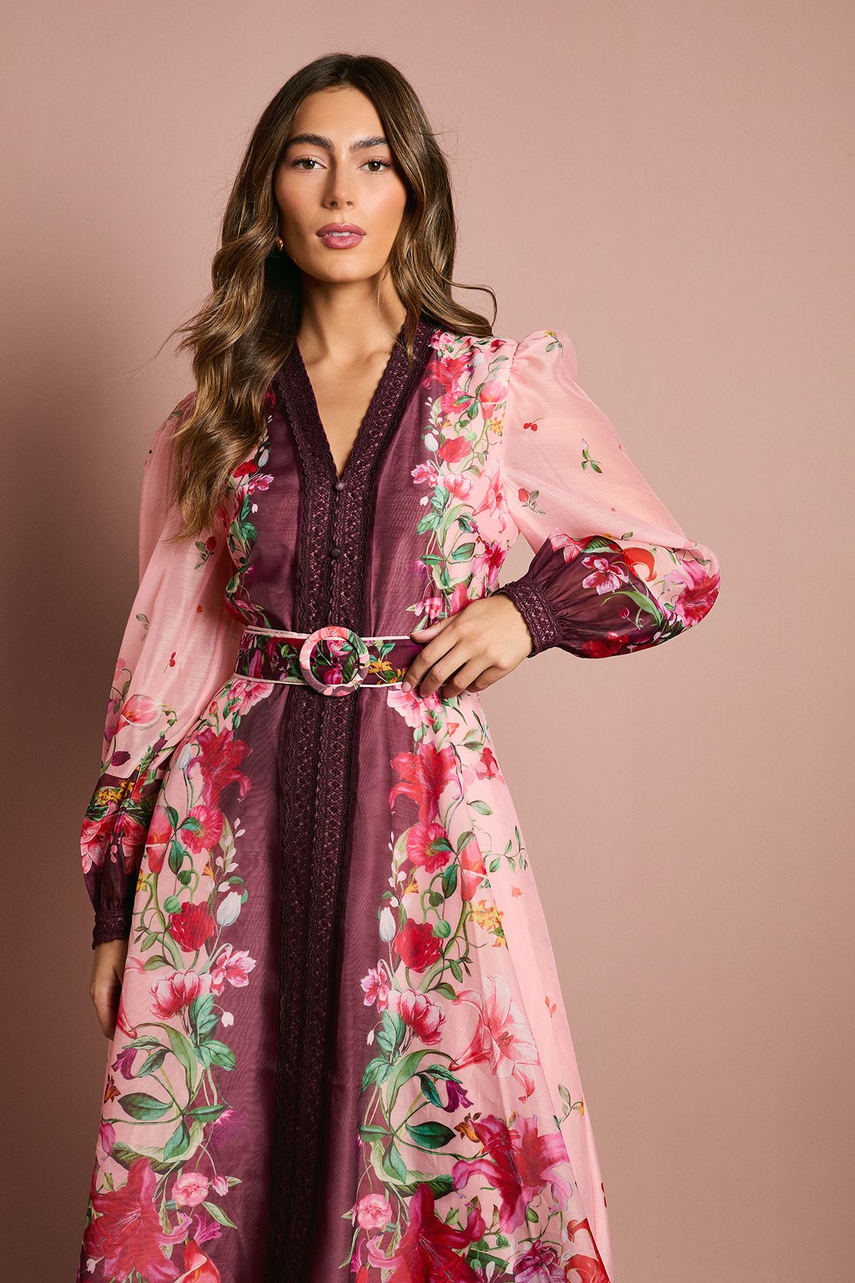 Coast Long Sleeve Organza Midi Dress With Belt