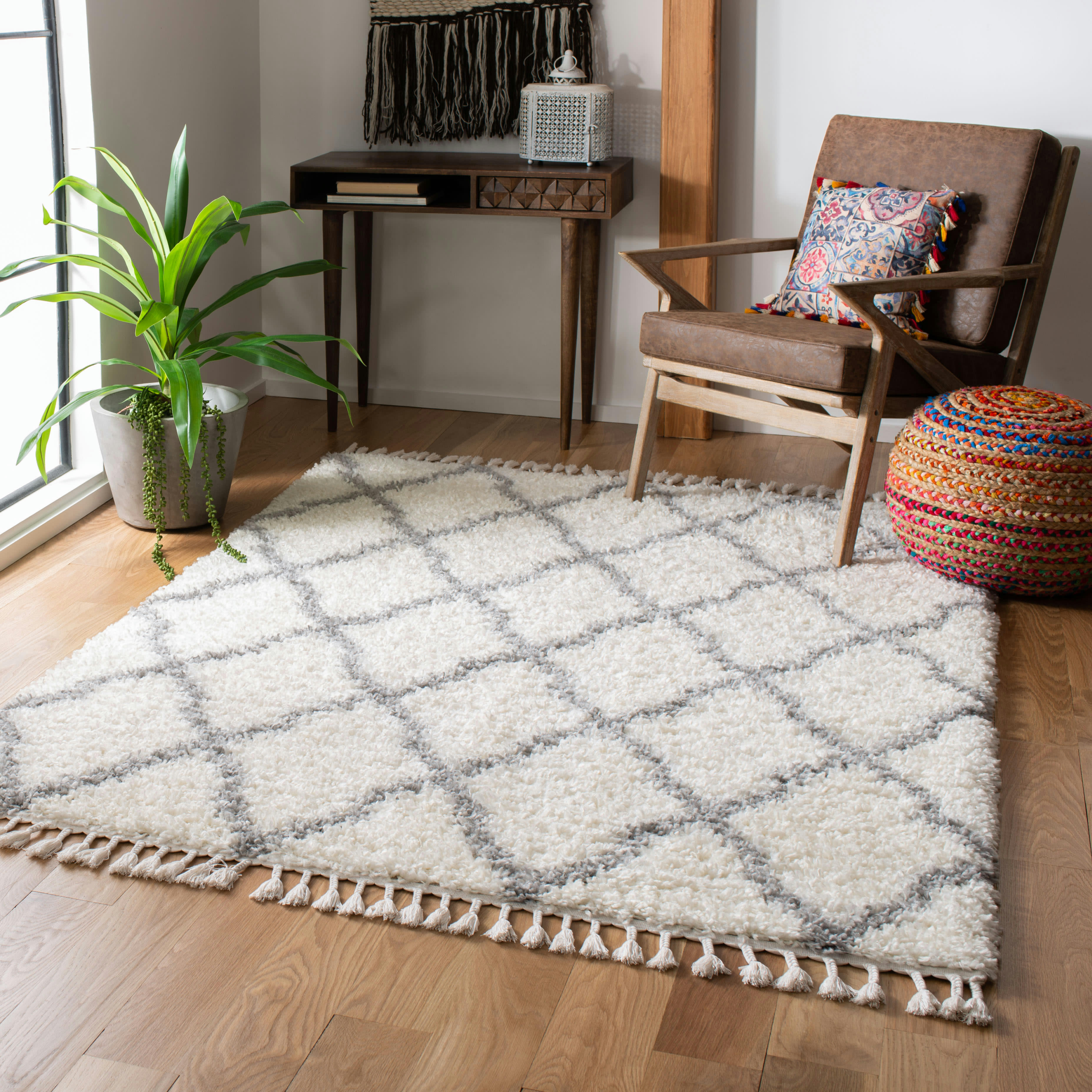MOROCCAN TASSEL SHAG - Tapis de salon interieur en ivoire & gris clair, 122 x 183 cm