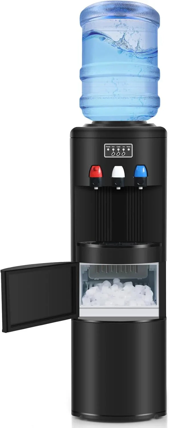 ICEPURE Water Dispenser with Ice Maker, 3-in-1 Hot and Cold Water Cooler with Built-in Bullet Ice Maker Machine, 26.5lbs/24H, Top Loading for 3-5 Gallon Bottle, Child Safety Lock, Black(Black)