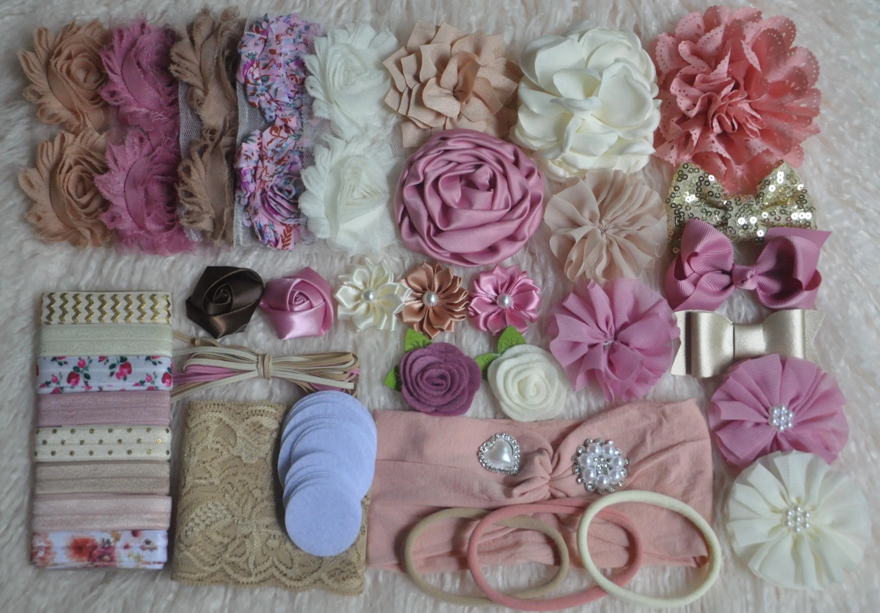 DIY Baby Headband Making Kit: Mauve, Ivory, Tan Kit- Station Activity- Makes 26-28 headbands.