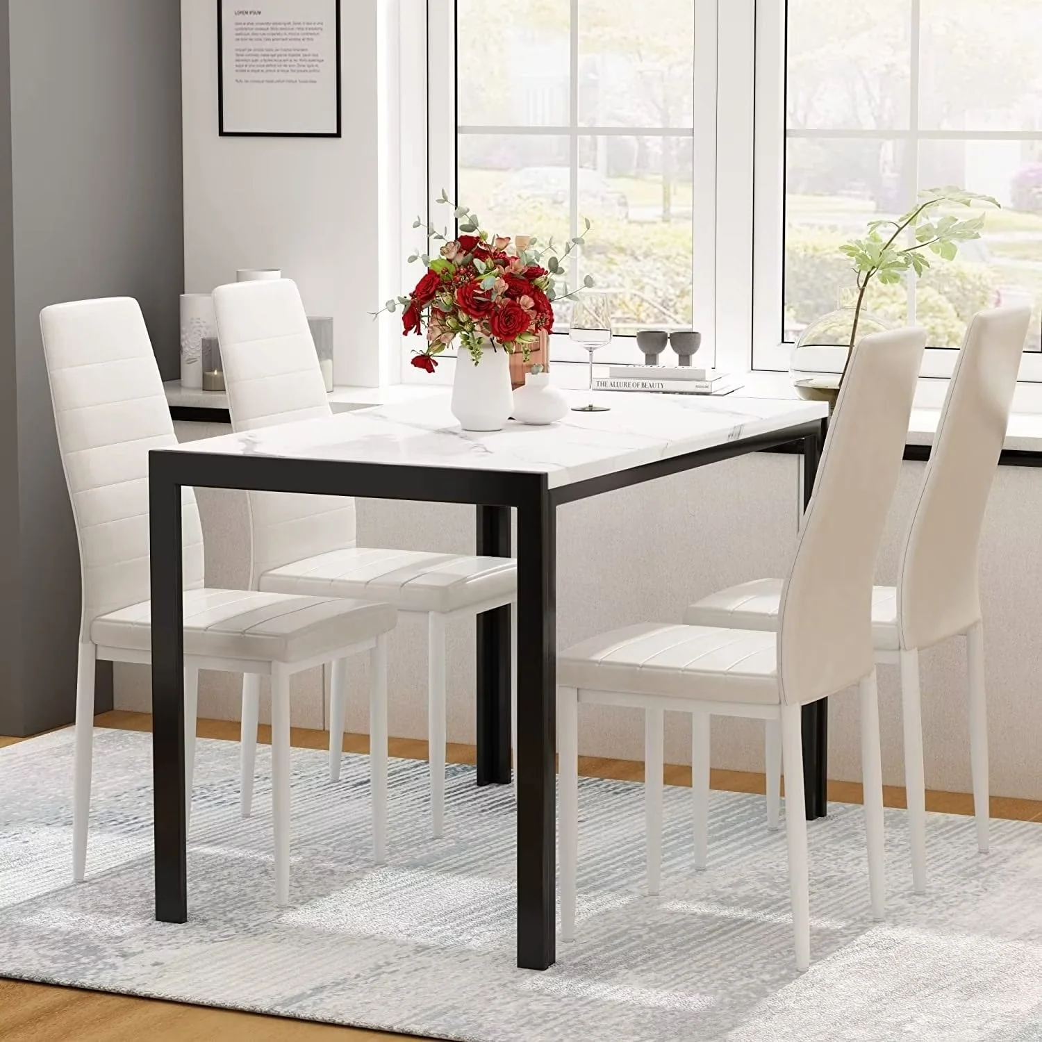 Eureka 5 Piece Modern Faux Marble Dining Set, Kitchen Table Set with 4 Upholstered PU Leather Chairs, Dining Table Set