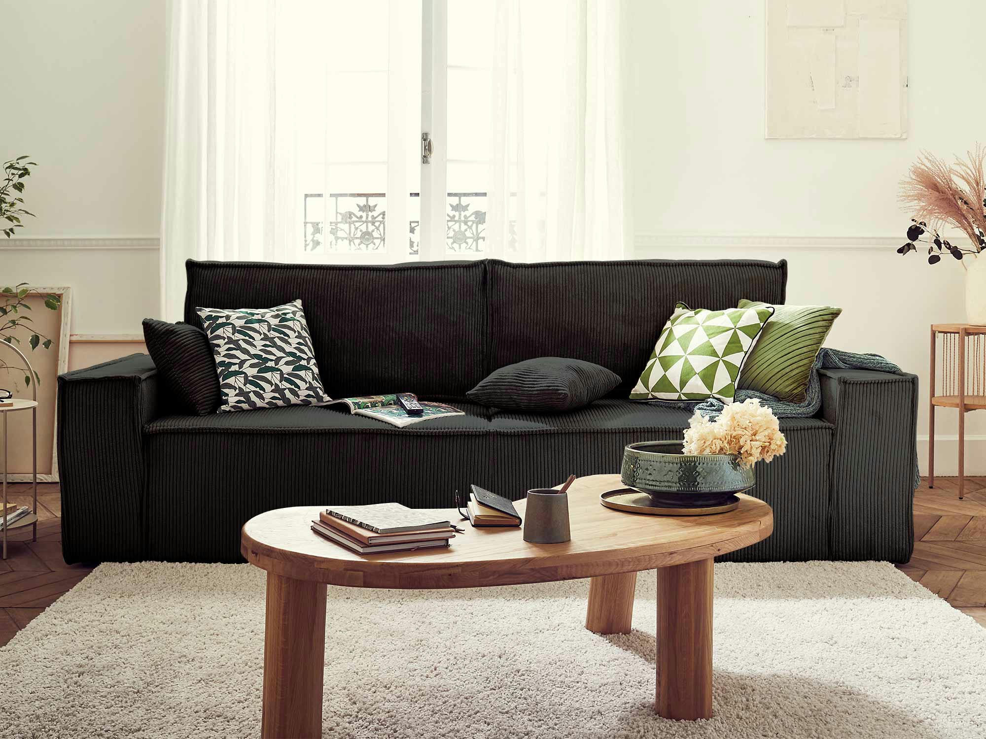 DELLIA - Canapé droit convertible 3 places en velours côtelé gris anthracite