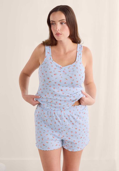 Womens Blue & Red Ditsy Ribbed Pyjama Vest Top