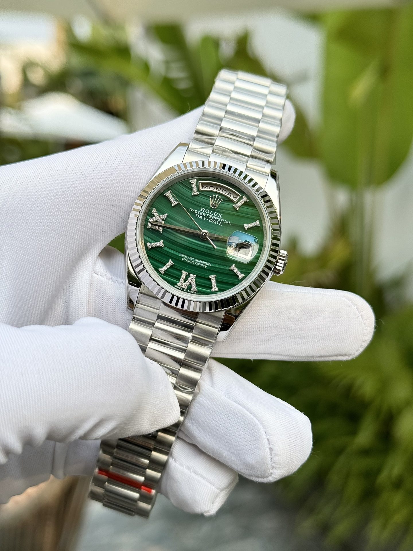 Rolex Day-Date 904L Steel Green Roman Dial CZ Diamonds 40mm Super Clone