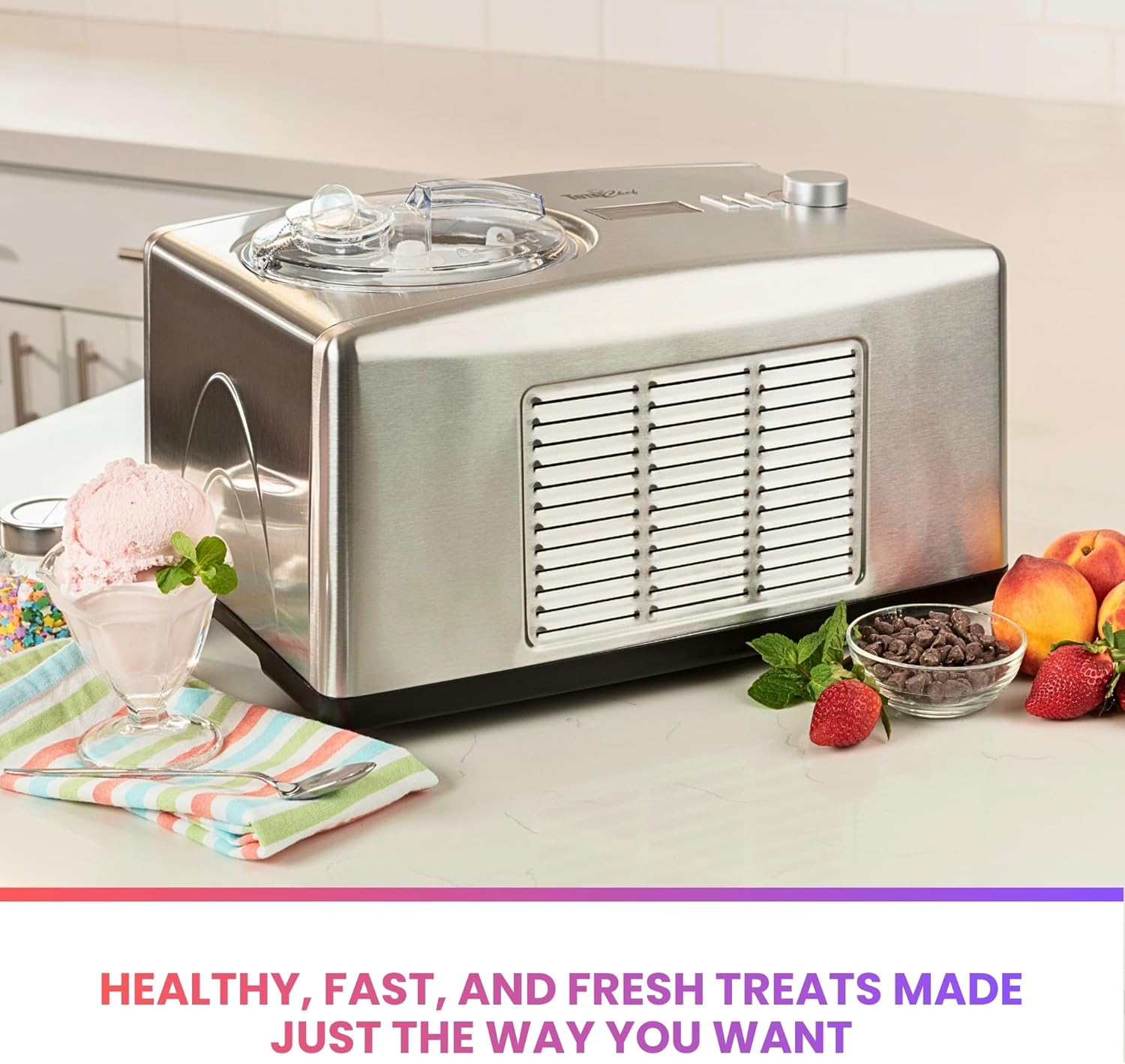 Total Chef Automatic Ice Cream Maker - Built-In Compressor 2 in 1 Frozen Yogurt, Gelato & Sorbet Maker, Nieve Treats, No Salt or Prefreezing, 1.6 Qt Stainless Steel, Helado de crema