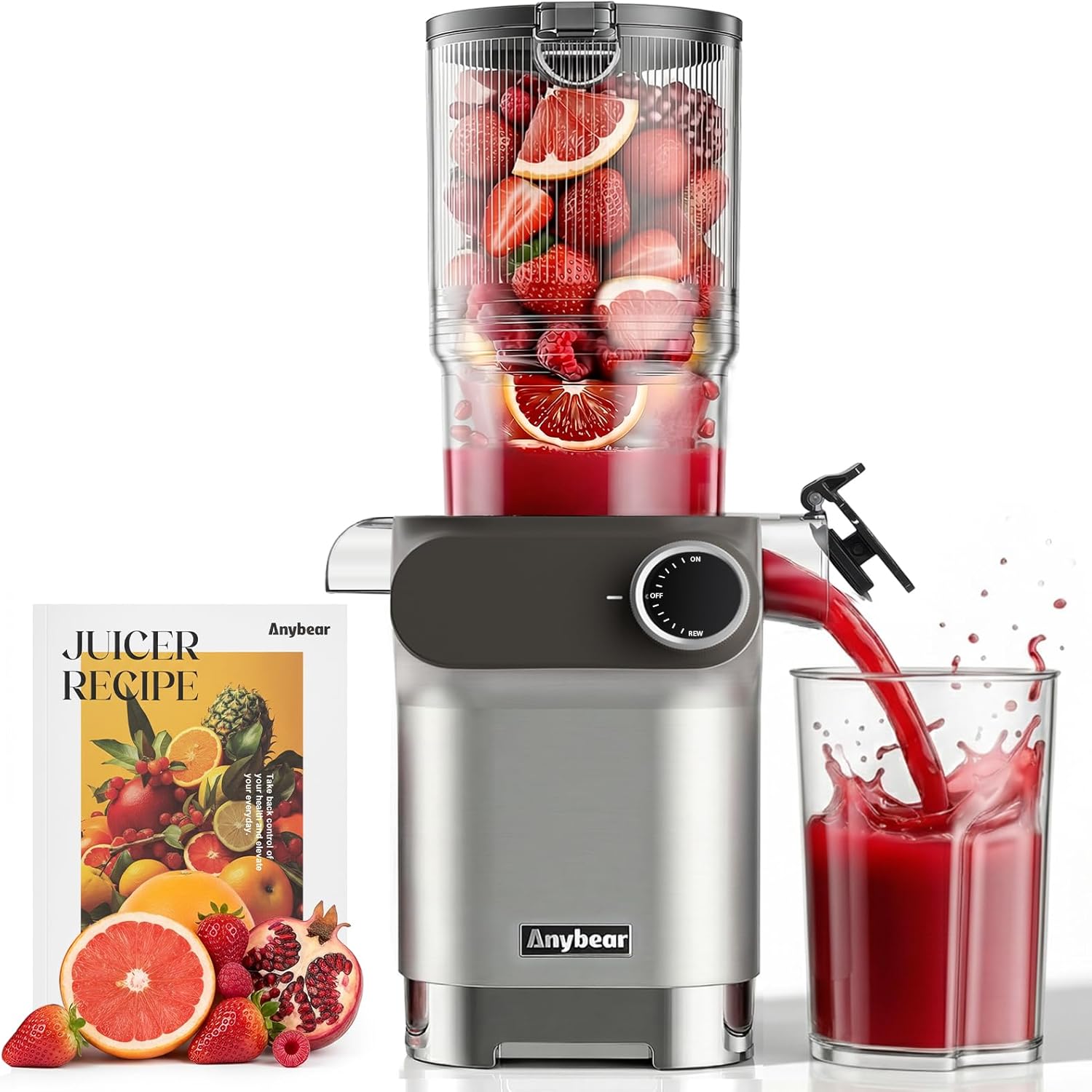 Anybear Cold Press Juicer 200W Masticating Slow Juicer 4.3 Large Feed Chute Fit Whole Fruits Vegetables | Upgraded Auger | Tritan Material | BPA Free | Juice Recipes (Argent Gray)