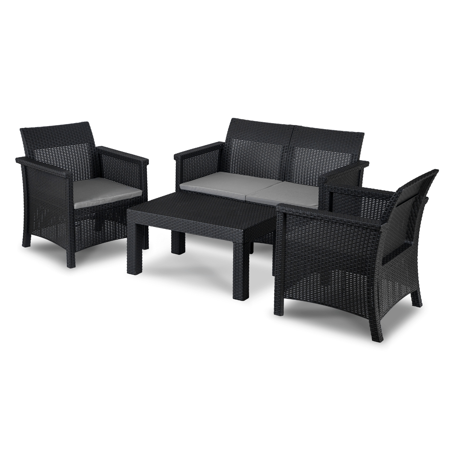 Zestaw Ogrodowy Sofa 2os 2 Fotele Stolik Kawowy Technorattan Czarny Taras