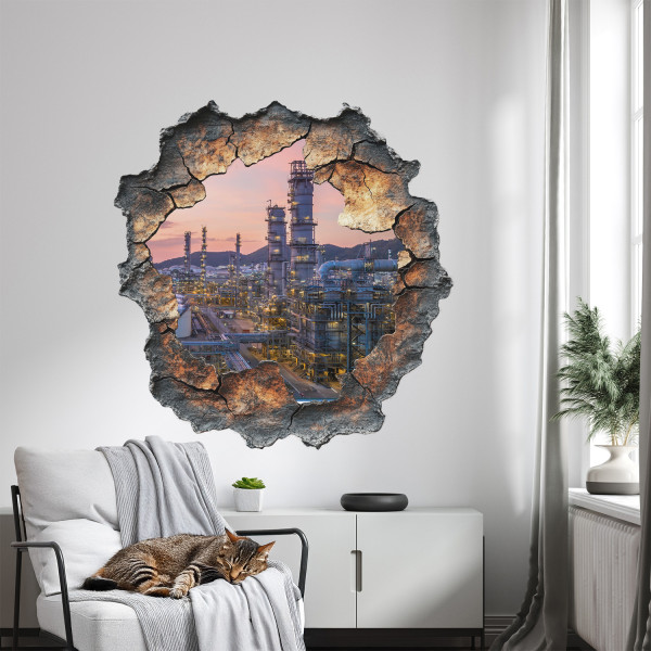 Naklejka wyrwa w ścianie wieże rafinerii efekt 3D 78x80