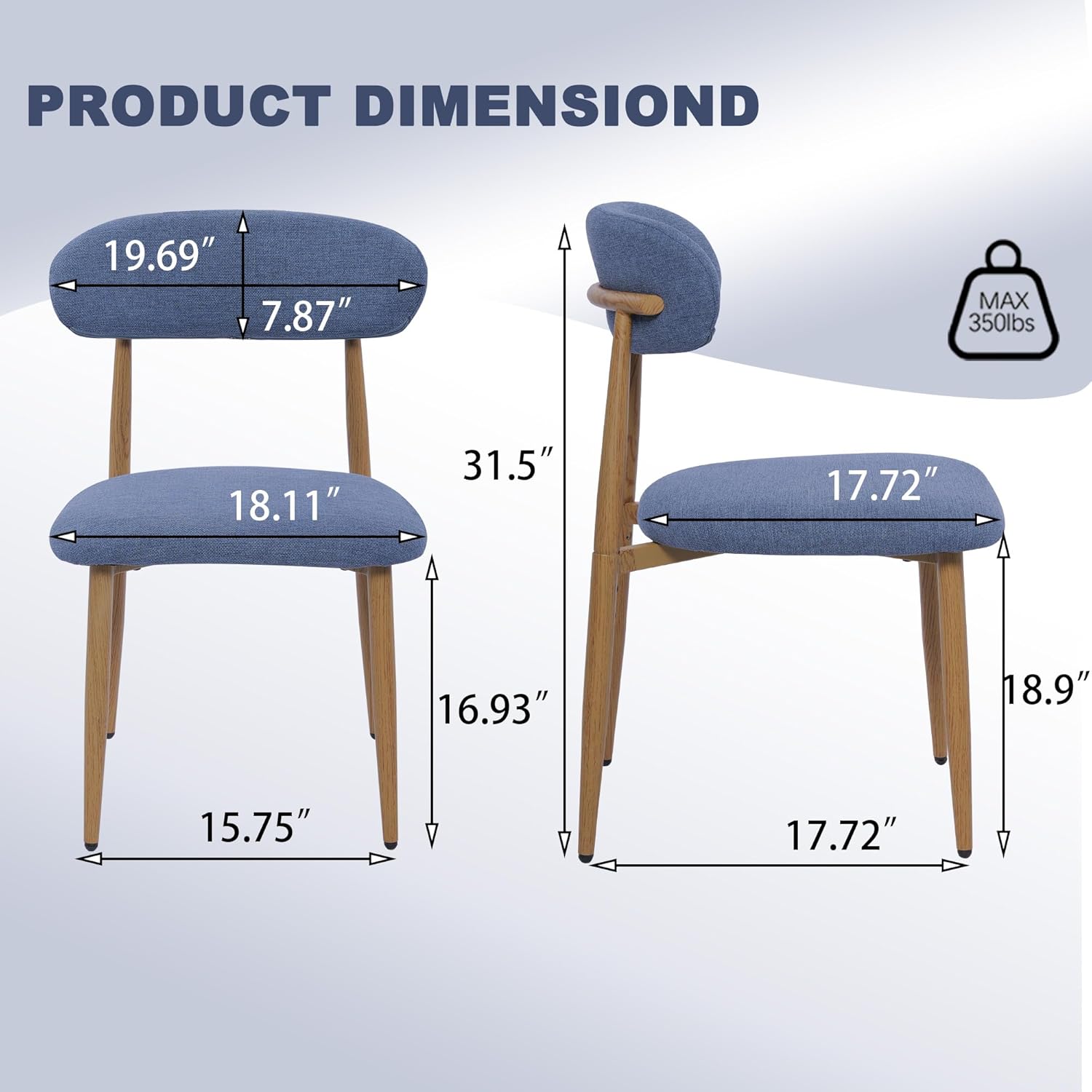 FREKEN Modern Upholstered Dining Chairs Set of 8, Mid-Century Metal Frame with Wood Grain, Linen Fabric Side Chair for Kitchen Dining Room, 350lbs Capacity, Blue