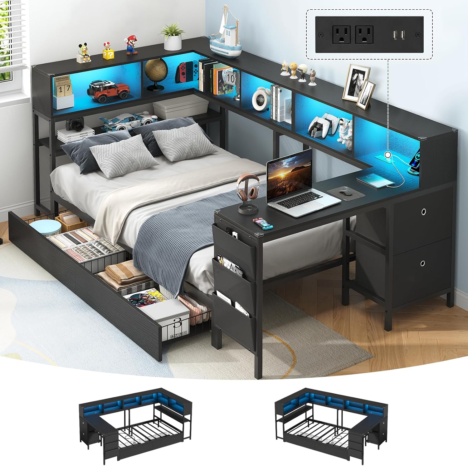 Hasuit Twin Corner Bed with Desk and Storage Bookcase, Daybed with 2 Drawers & 2 Storage Bins, Twin Size Platform Bed Frame with Charging Station and LED Light, Modern Teenagers Bedframe, Black