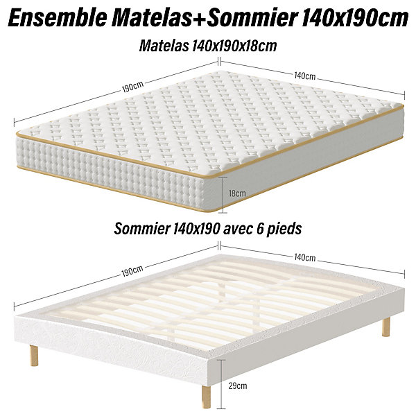Ensemble Matelas en Mousse  Lit Sommier Tapissier Déco 140x190cm, Epaisseur du Matelas 18cm