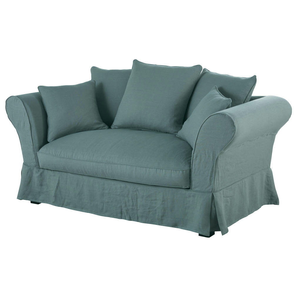 Roma - Housse de canapé 2 places en lin froissé bleu céladon