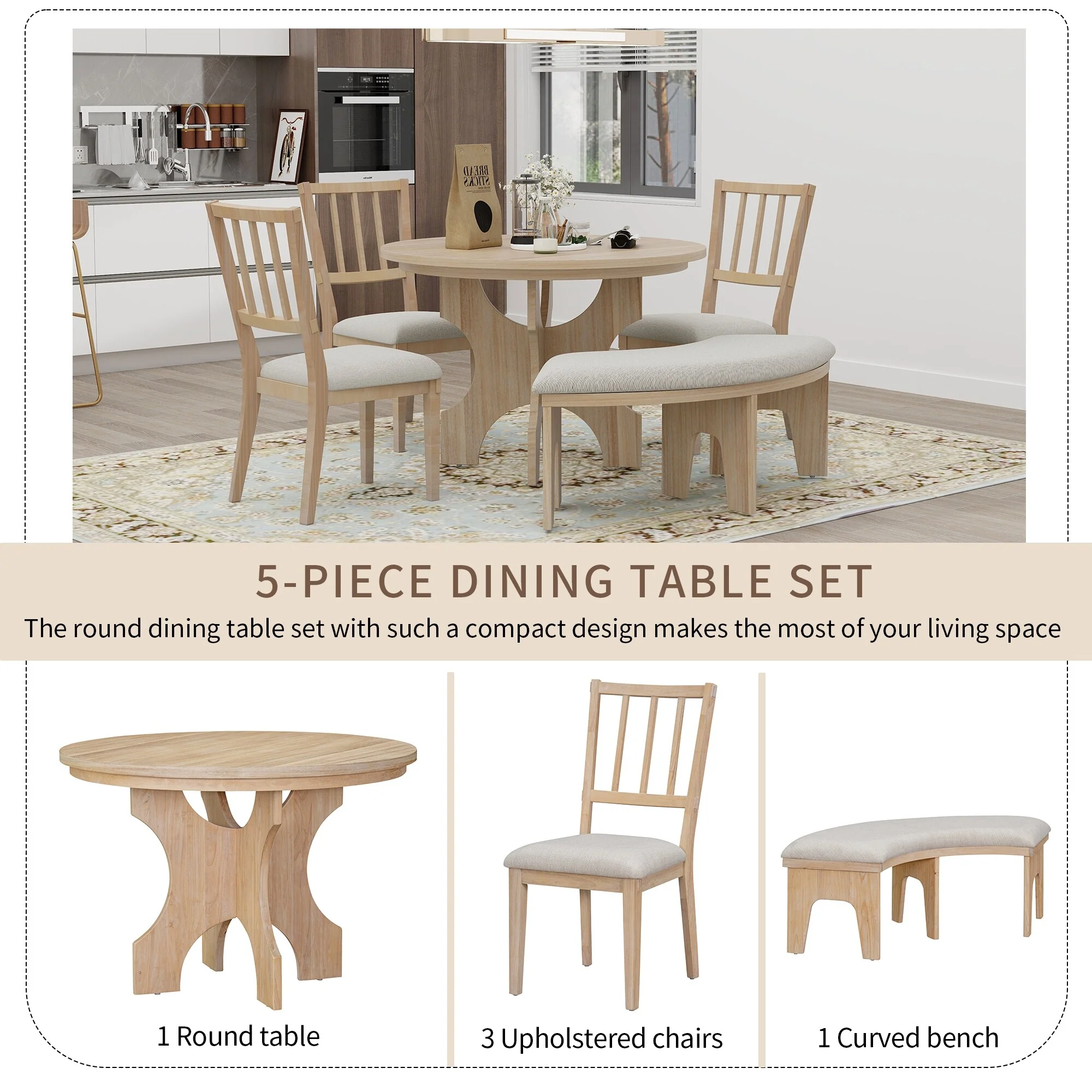 Rustic Style 5-piece Dining Set with Round Table, 3 Upholstered Chairs and Side Chairs