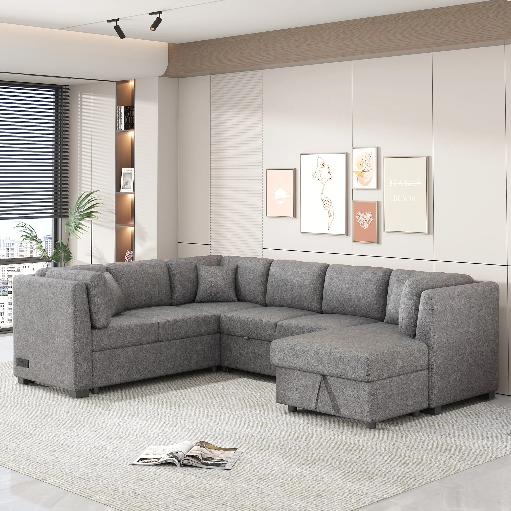 Modern U Shaped Sectional Sofa with Pull Out Bed and Storage Chaise and USB Ports, for Living Room or Guest Room