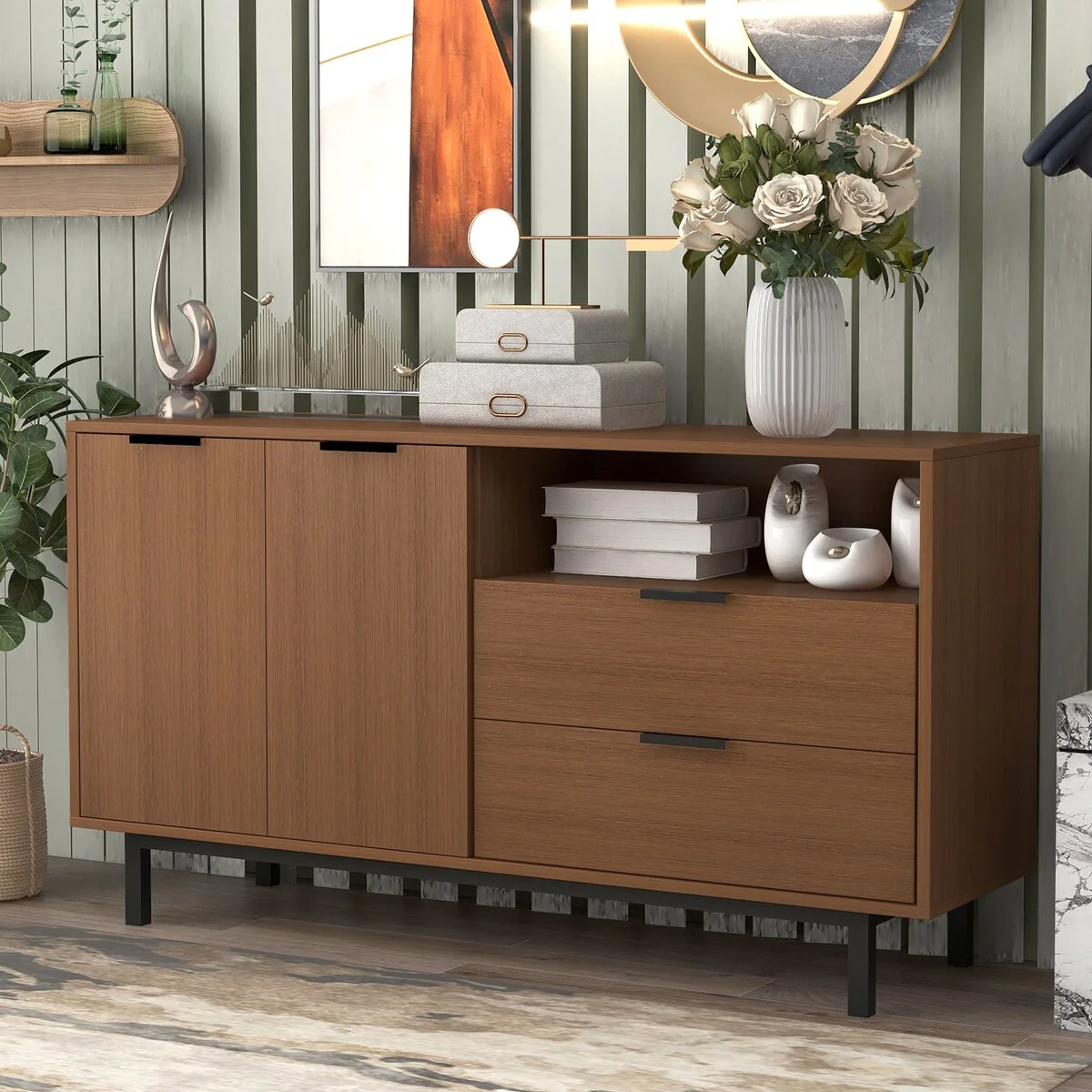 Contemporary Style Sideboard Large Storage Space Console Table with Metal Legs and Handles