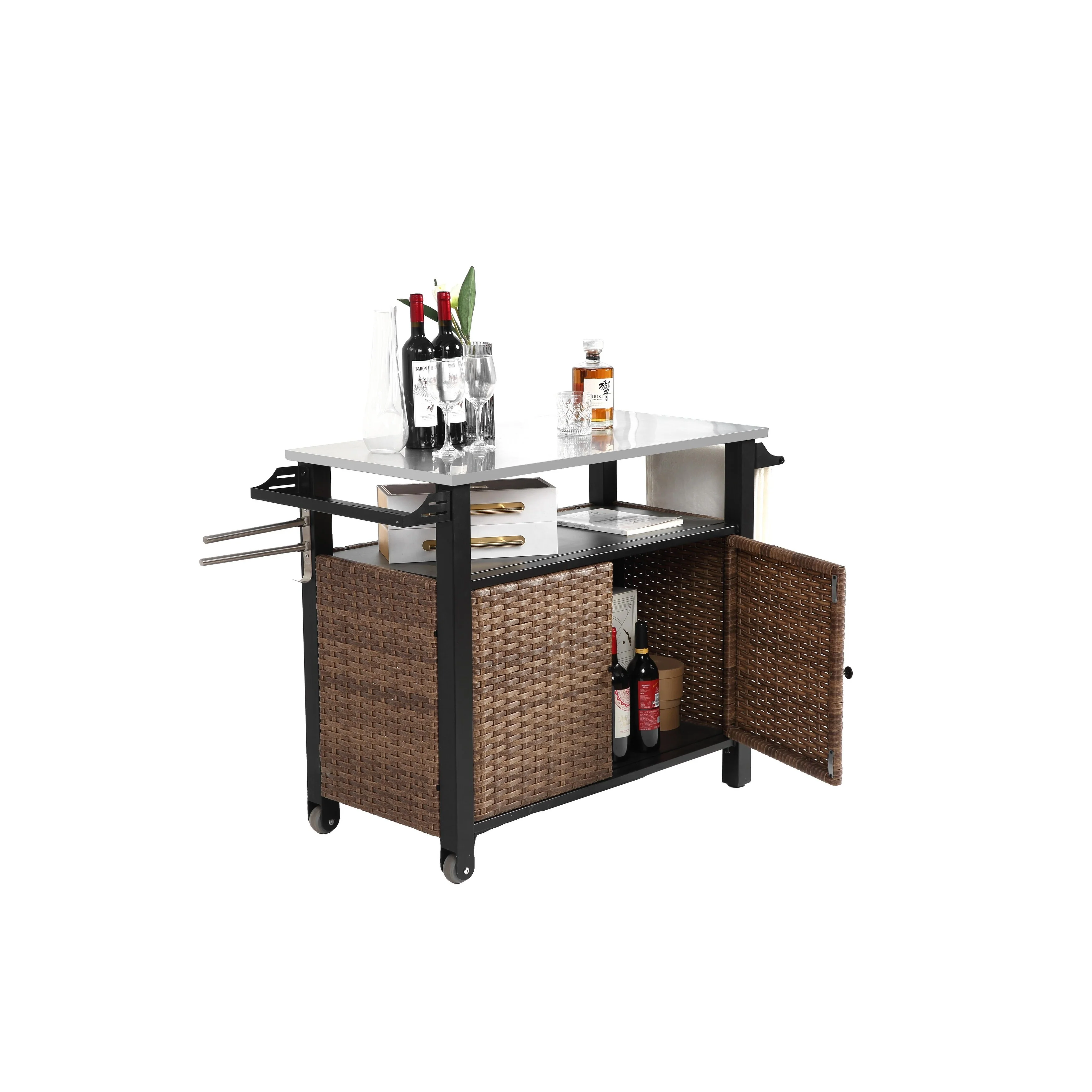 Outdoor Kitchen Wicker Island Rolling Cart & Storage Cabinet, Wheels and Stainless Steel Extended Table Top