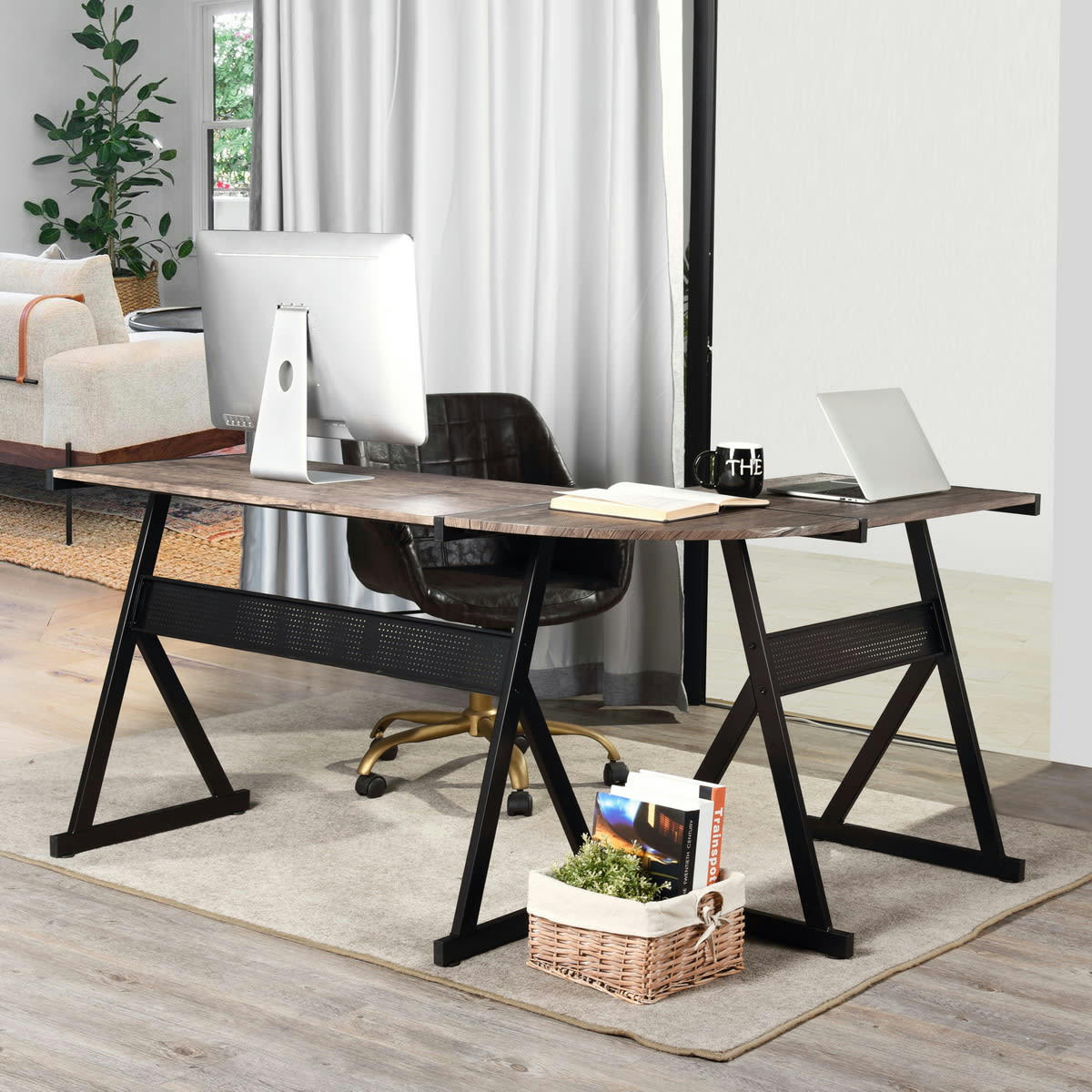 CHÊNE - Bureau d'angle effet bois marron au style industriel
