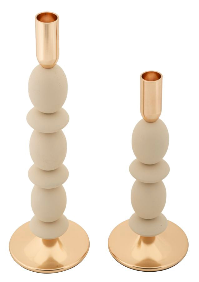 Set van 2 crèmekleurige en gouden metalen kaarsenhouders