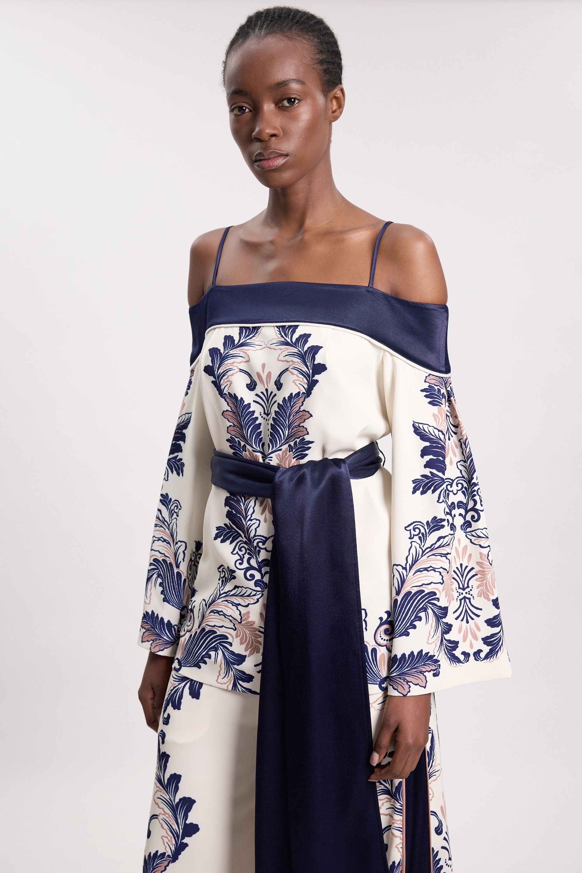 KarenMillen Scarf Print Belted Woven Bardot Top