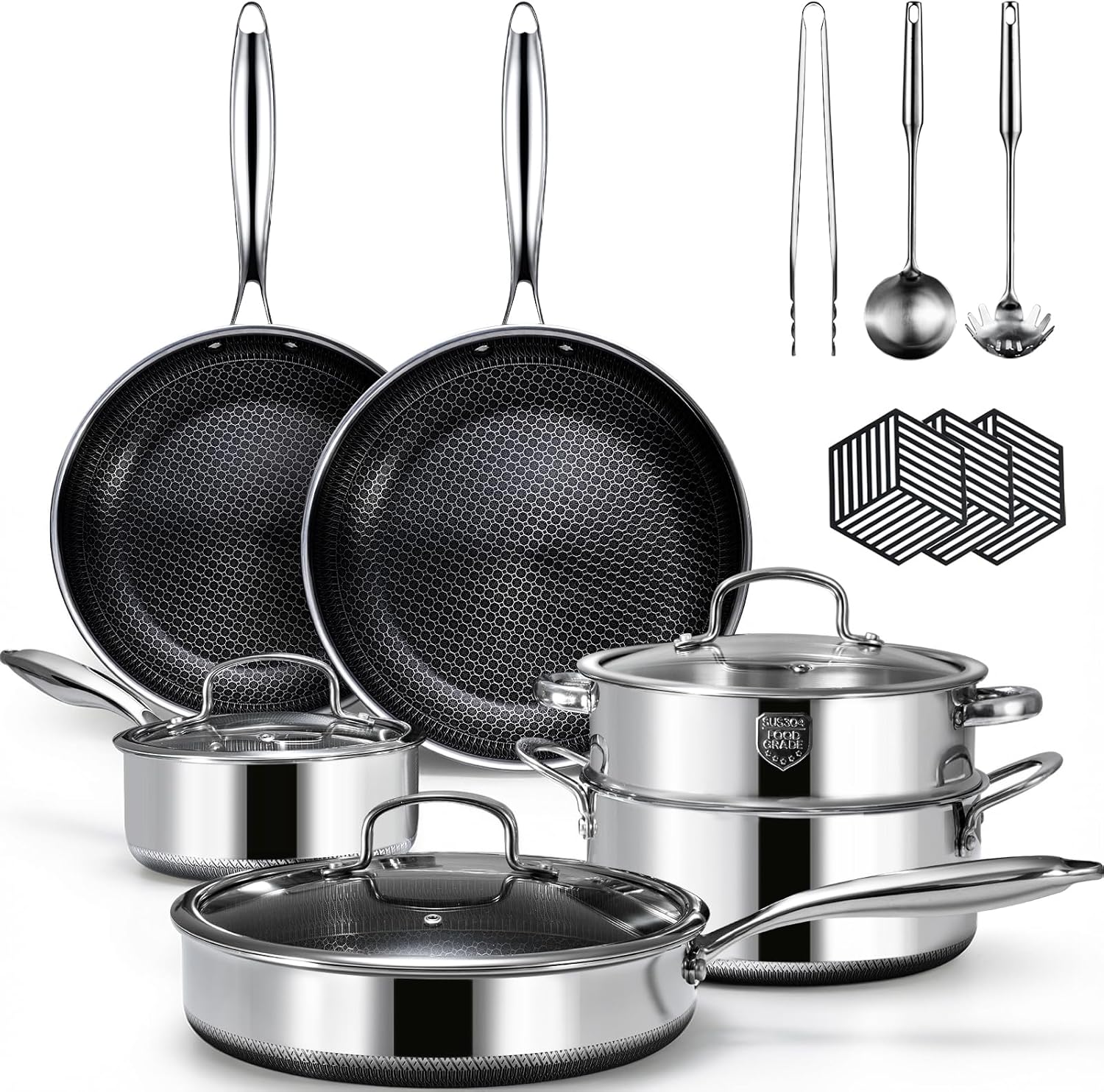 USELUCK Hybrid Nonstick Cookwre Set, frying pan,sauce pan,pot,Dishwasher-Friendly,Compatible All Cooktops.
