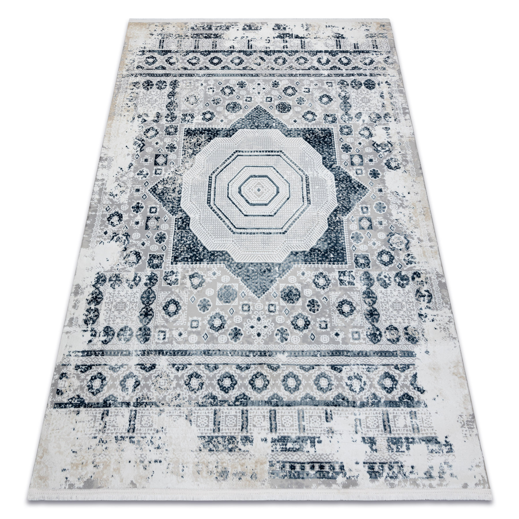 Dywan DUKE 51542 krem / niebieski - Rozeta vintage, 80x150 cm