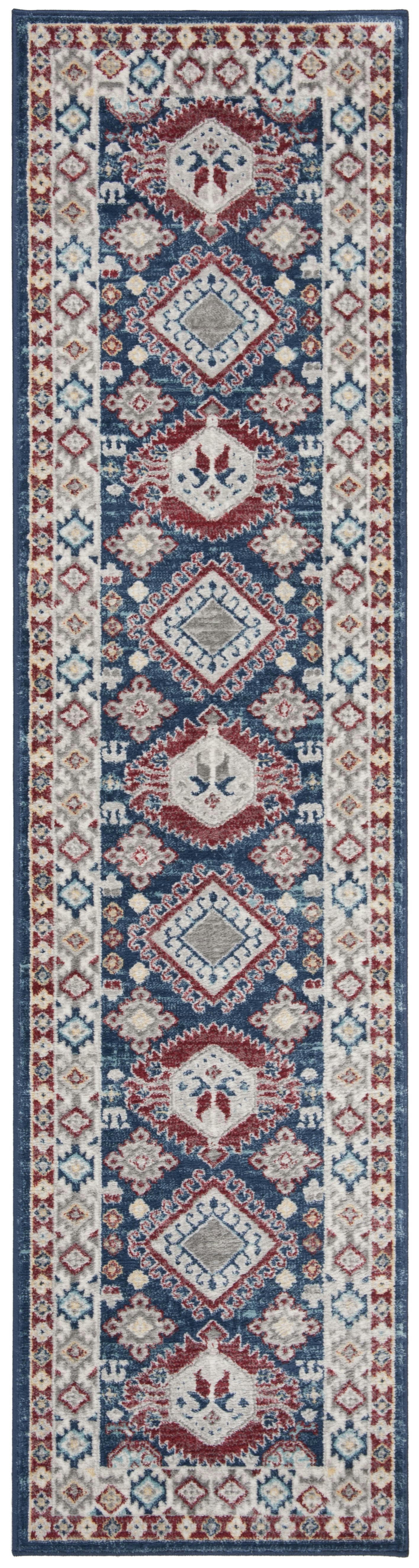 KAZAK - Tapis de salon interieur en bleu marine & rouge, 61 x 244 cm