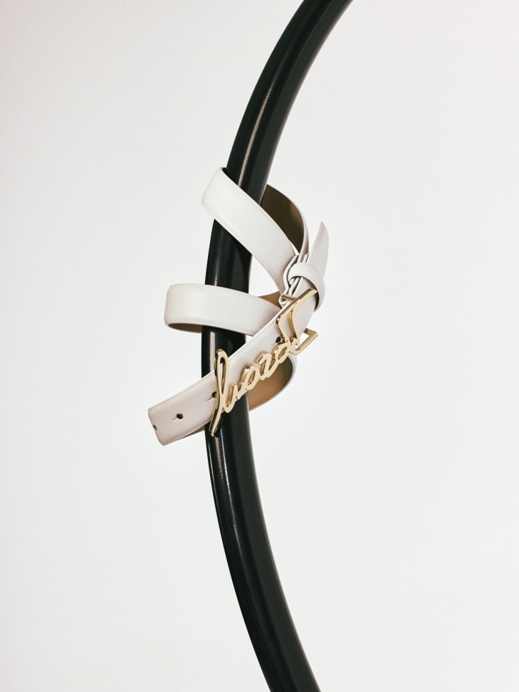 White leather belt with logo buckle