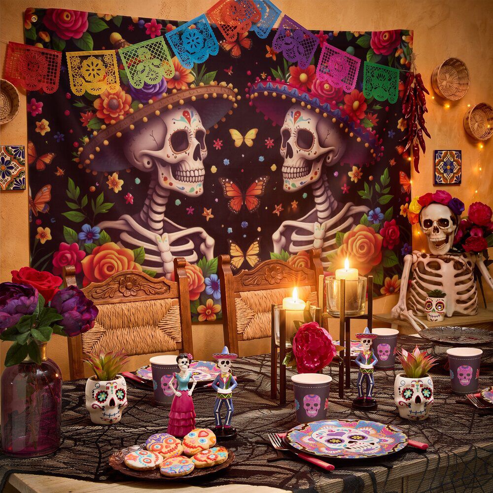 Décoration murale Halloween couple Calavera polyester 100x150cm