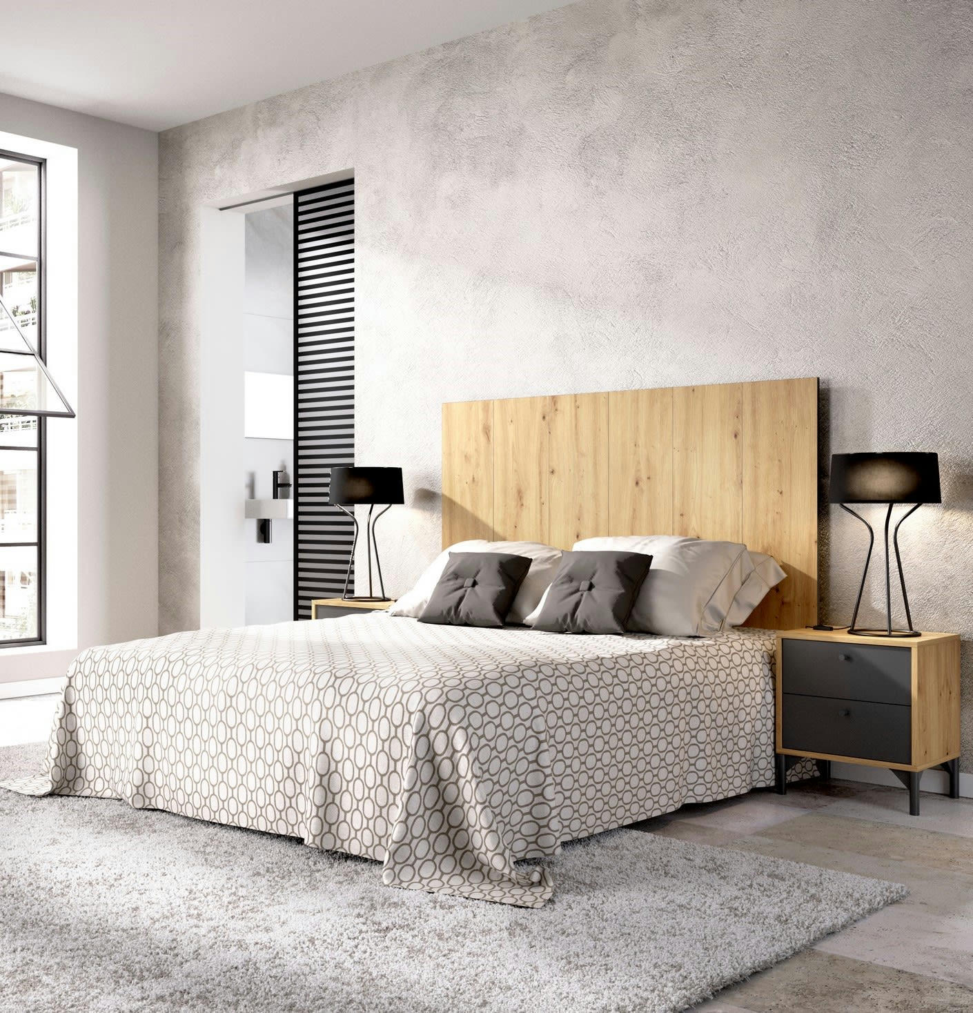 DLINAR - Tête de lit effet bois chêne et anthracite