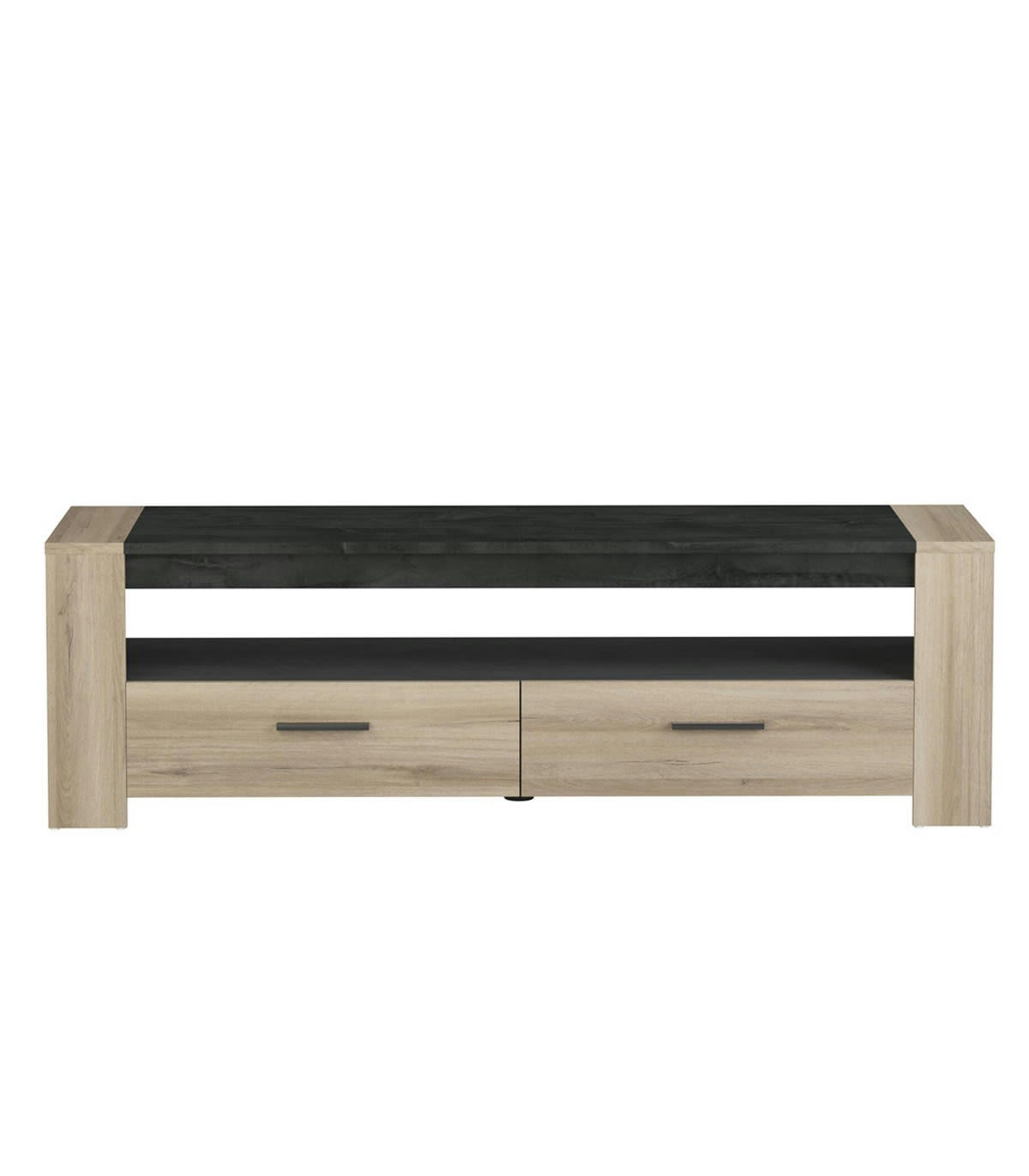 SHEFFIELD - Meuble TV 2 Tiroirs 1 Large Niche L151,7 cm - Décor chêne et ardoise