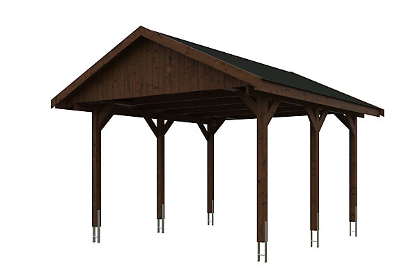 Carport SKAN HOLZ Wallgau 430 x 500 cm, traitement coloré noyer, avec bardeaux noirs