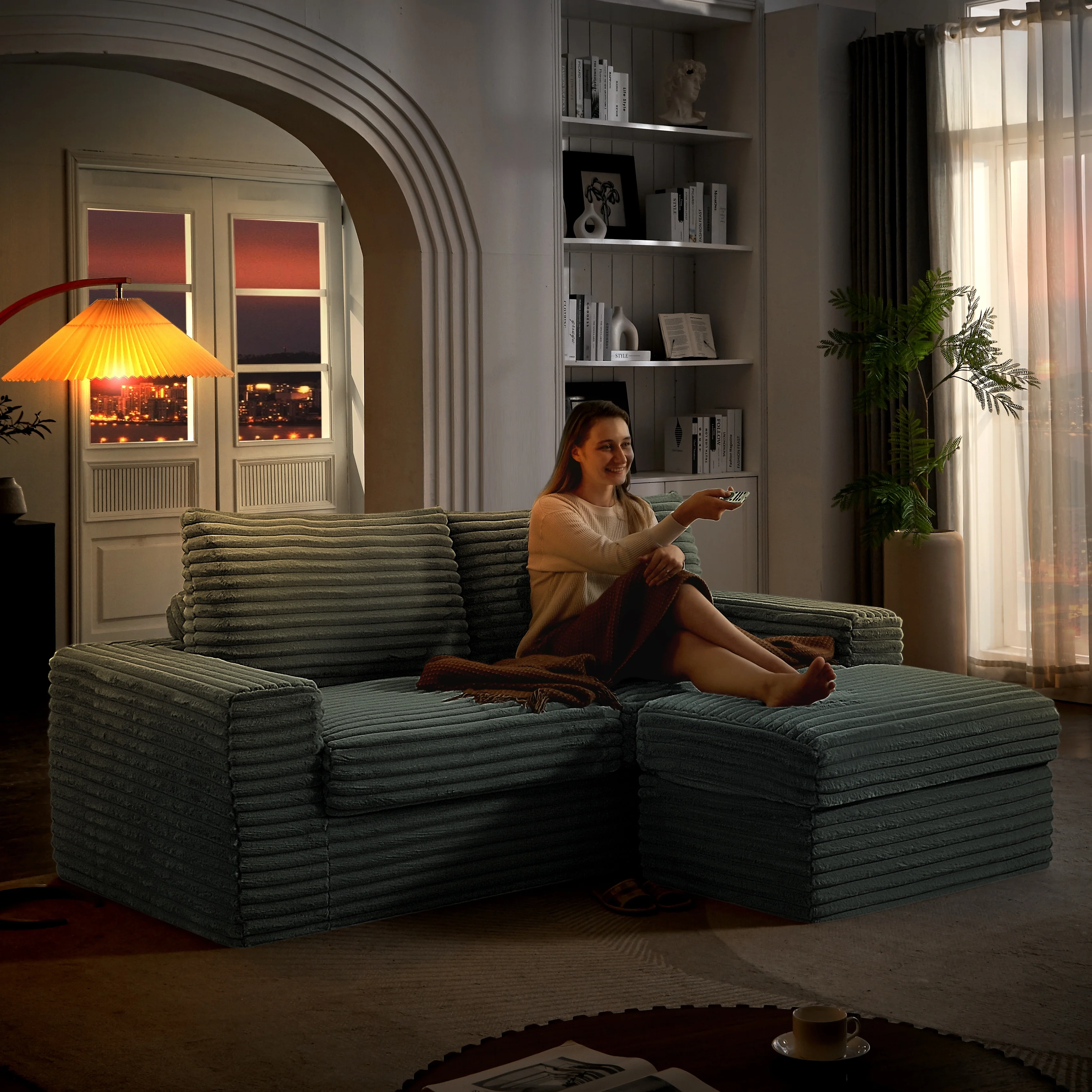 Luxurious Corduroy Fabric Sectional Sofa Couch with Removable Ottoman