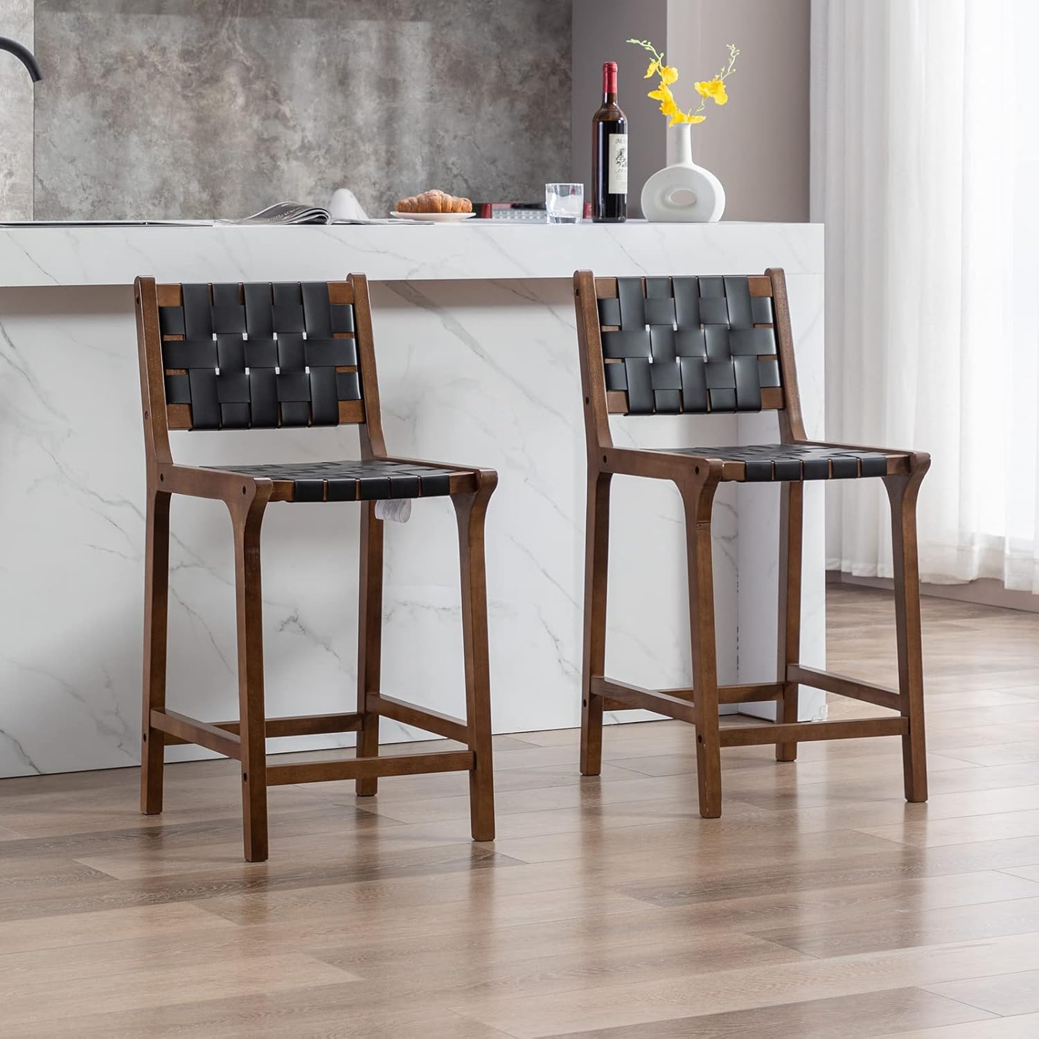 Counter Stools Set of 2 Modern 23.5 Counter Height Barstool with PU Leather Woven Strap Seat & Open Back Walnut Wood Color Chairs with Footrest for Home Bar/Dining Room/Kitchen Island, Black