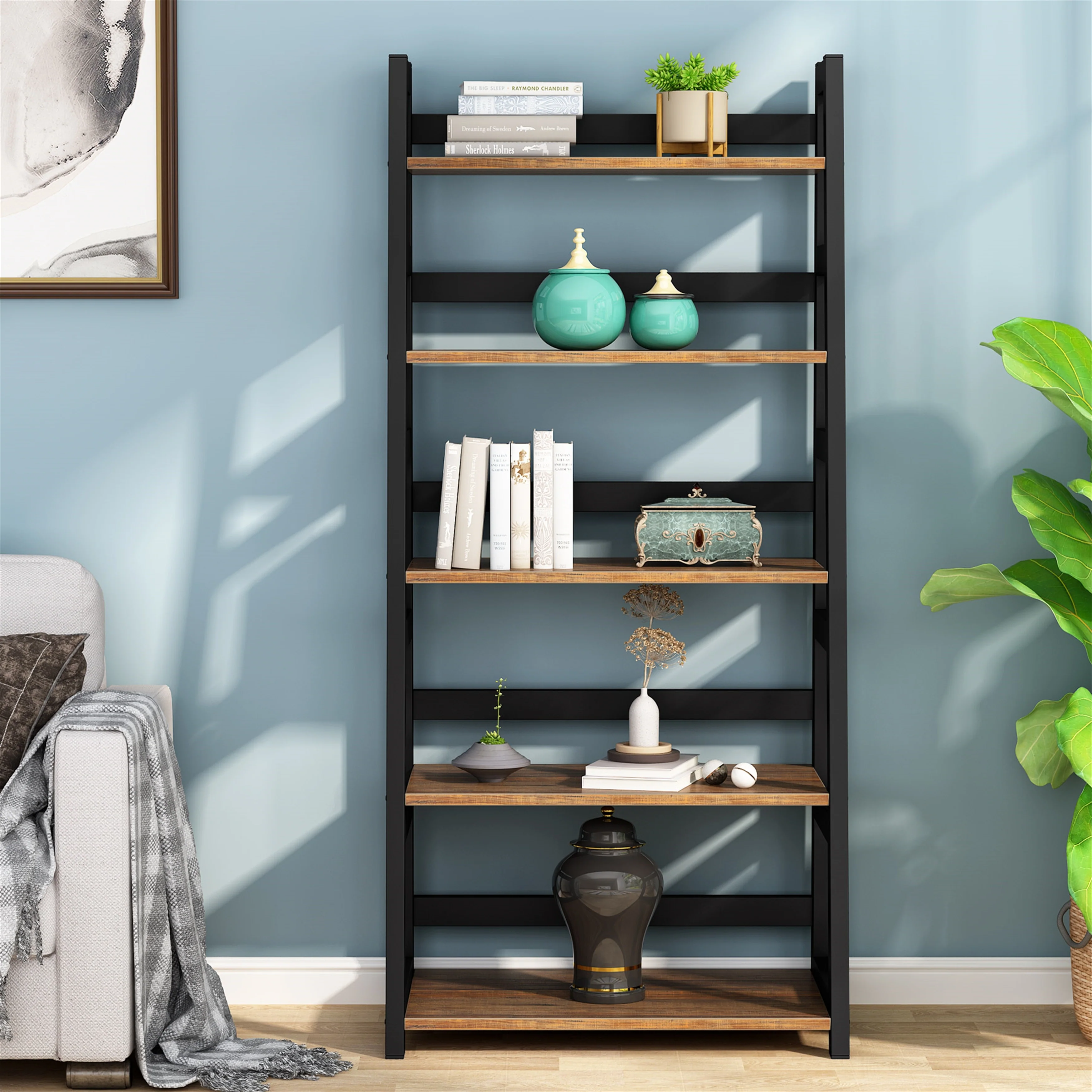Brown/ Black Industrial Ladder Bookshelf, Freestanding Open Storage Etagere Bookcase, White Modern 5 Tiers Storage Shelf